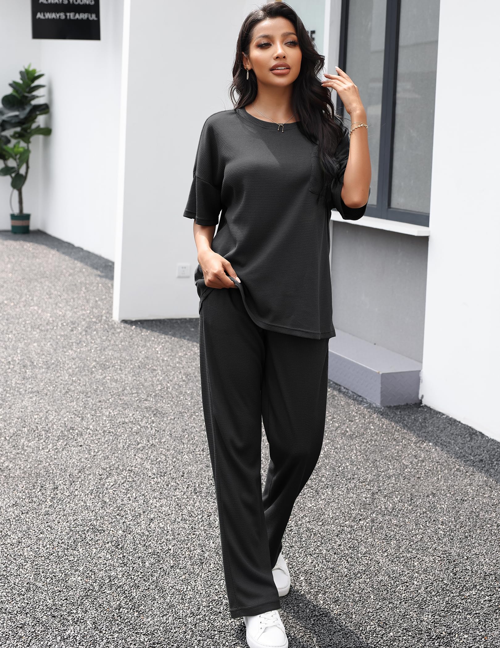 JiniGolla Women's Waffle Knit Pajama Set - Soft Short Sleeve Sleep Shirt & Long Lounge Pants - Cozy Sleepwear for Nighttime Comfort & Relaxation at Home