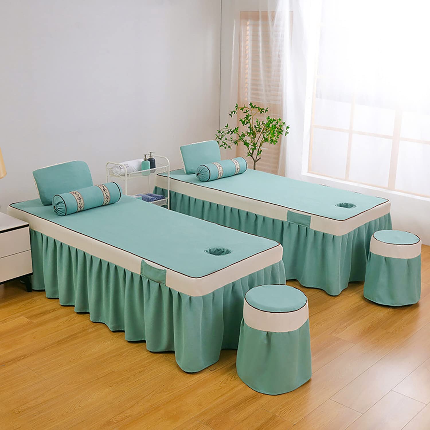 Professional Beauty Salon Spa Massage Table Sheet Set - 4 Piece Bedding Kit with Facial Hole, Bed Skirt & Stool Cover - 70x185cm Round Head Pink Linen - Perfect for Facial Treatments, Massage Therapy & Spa Services