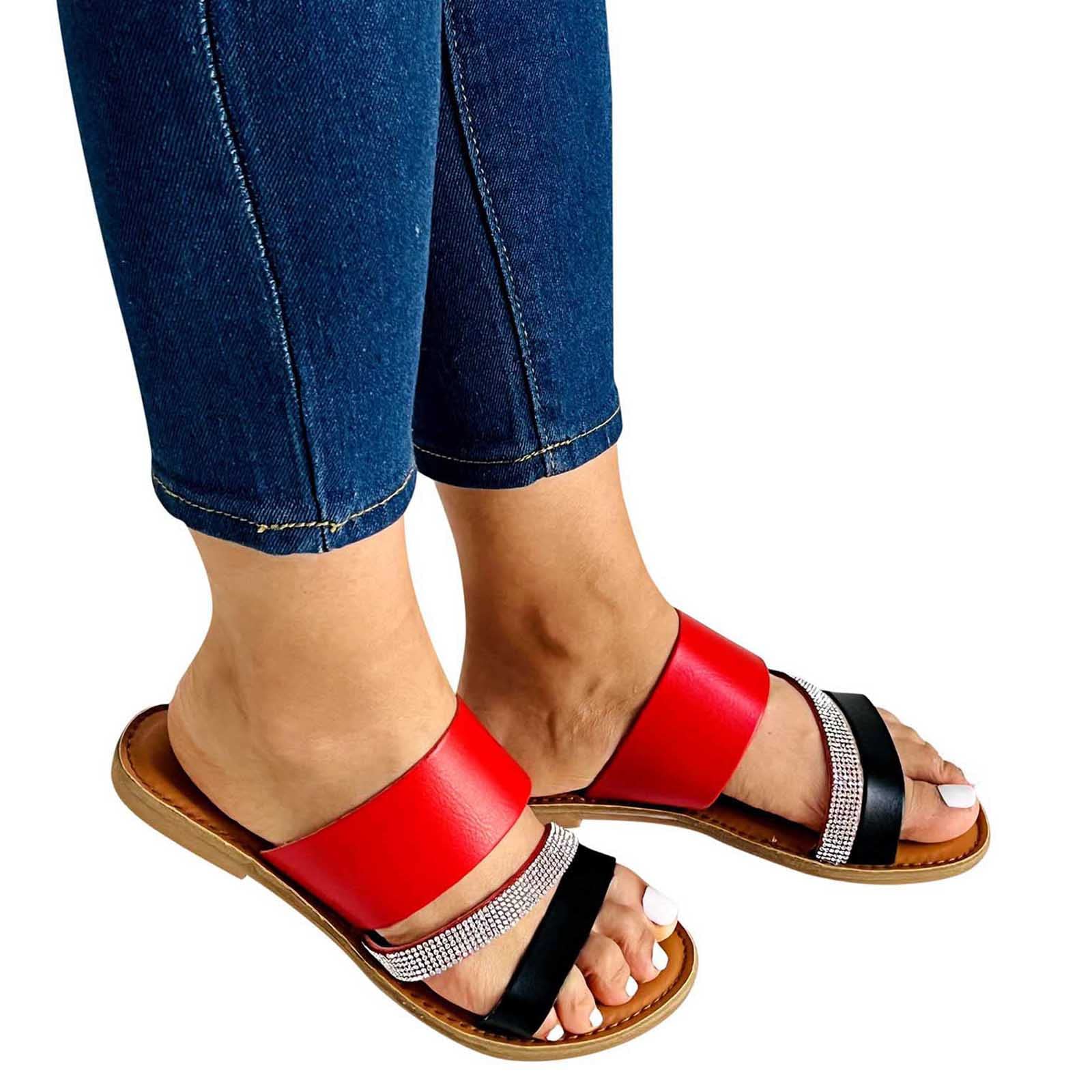 Vintage Crystal Flat Sandals for Women - Comfortable Summer Slide Slippers with Rhinestones | Perfect for Beach, Pool, and Casual Outings