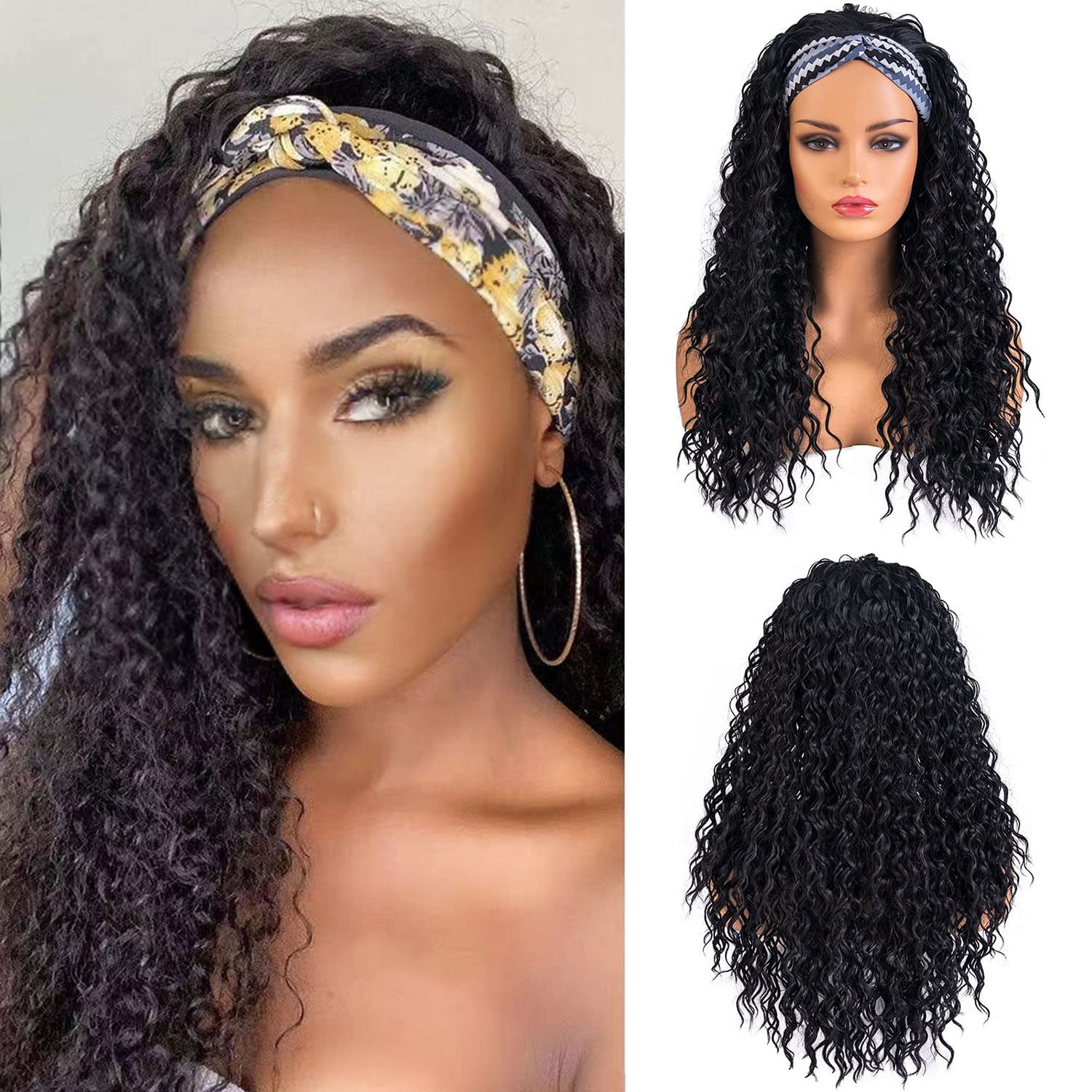 BESTUNG Glueless Synthetic Headband Wig for Black Women - 24 Inch Curly High Density Heat Resistant Wig with Natural Look (Includes Headband) | Perfect for Daily Wear, Cosplay & Protective Styling