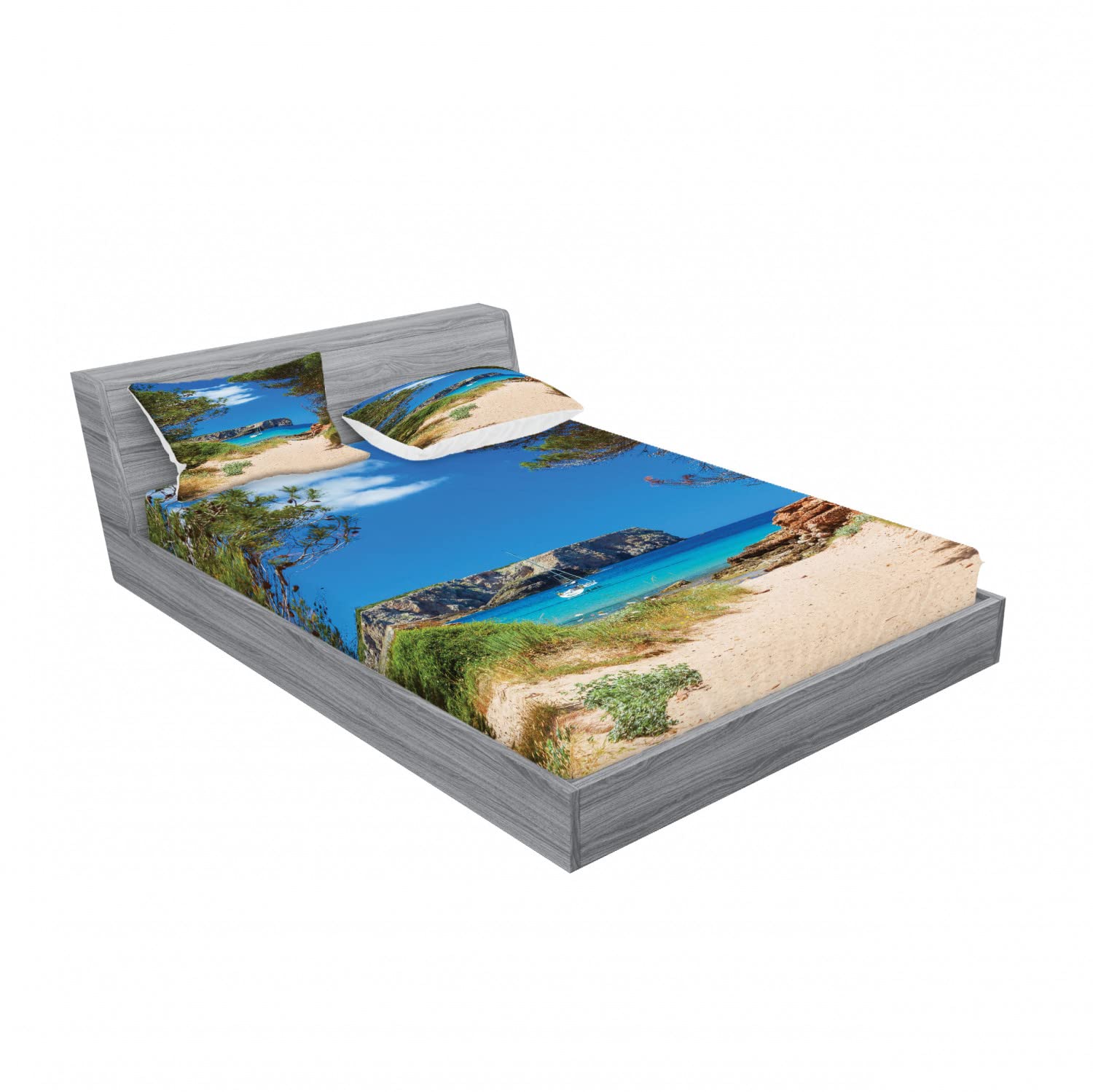 Ambesonne Nautical 2-Piece Full Size Fitted Sheet Set with 4 Pillow Shams - Coastal Ocean Wave Sand Beach Theme Bedding Decor for Guest Room, Vacation Home & Beach House Decorations