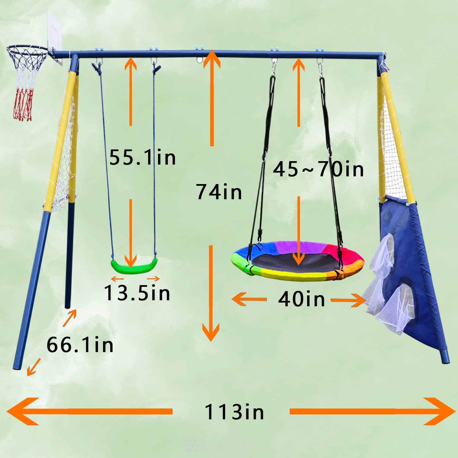 440lbs Heavy Duty 2-Seat Outdoor Swing Set for Kids - A-Frame Metal Stand with Saucer Swing, Belt Swing, Basketball Hoop & Soccer Goal - Perfect for Backyard, Park & Playground Fun