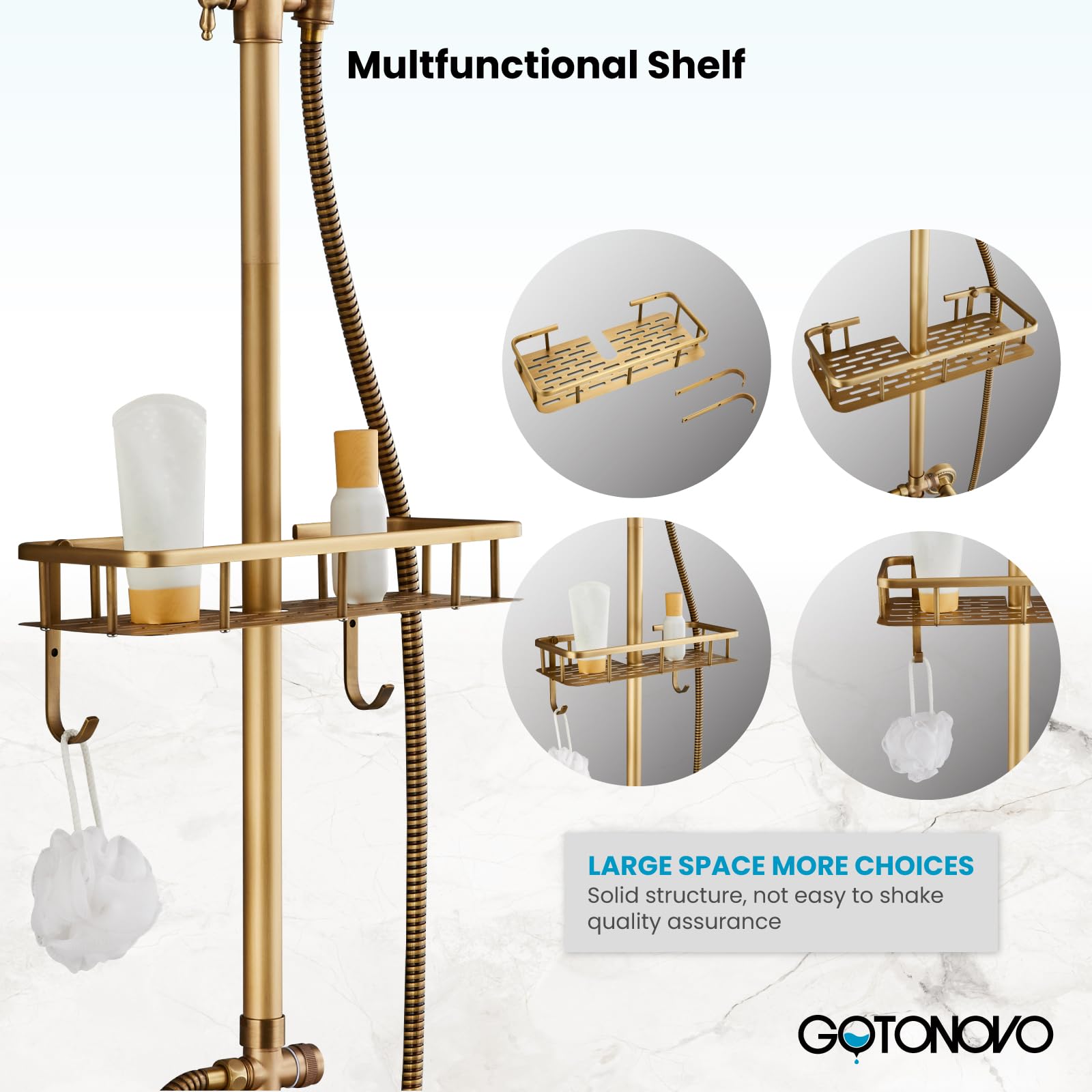 Gotonovo 8-Inch Rainfall Shower Head with Handheld Sprayer - Antique Brass Vintage Bathroom Tub Shower Faucet Set with Wall Mounted Shower Shelf & Tub Spout - Perfect for Modern & Vintage Bathroom Renovations