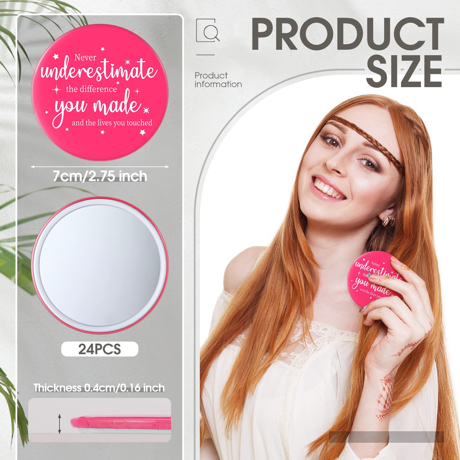 Hoolerry 24 Pack 2.8 Inch Round Pink Inspirational Compact Mirror - Bulk Makeup Mirror with Positive Quotes, Small Portable Travel Mirror for Purse, Pocket, Employee Gifts, Coworker Appreciation, Staff Recognition - Perfect for Daily Makeup Touch-ups, Travel Essentials, and Motivational Gifts