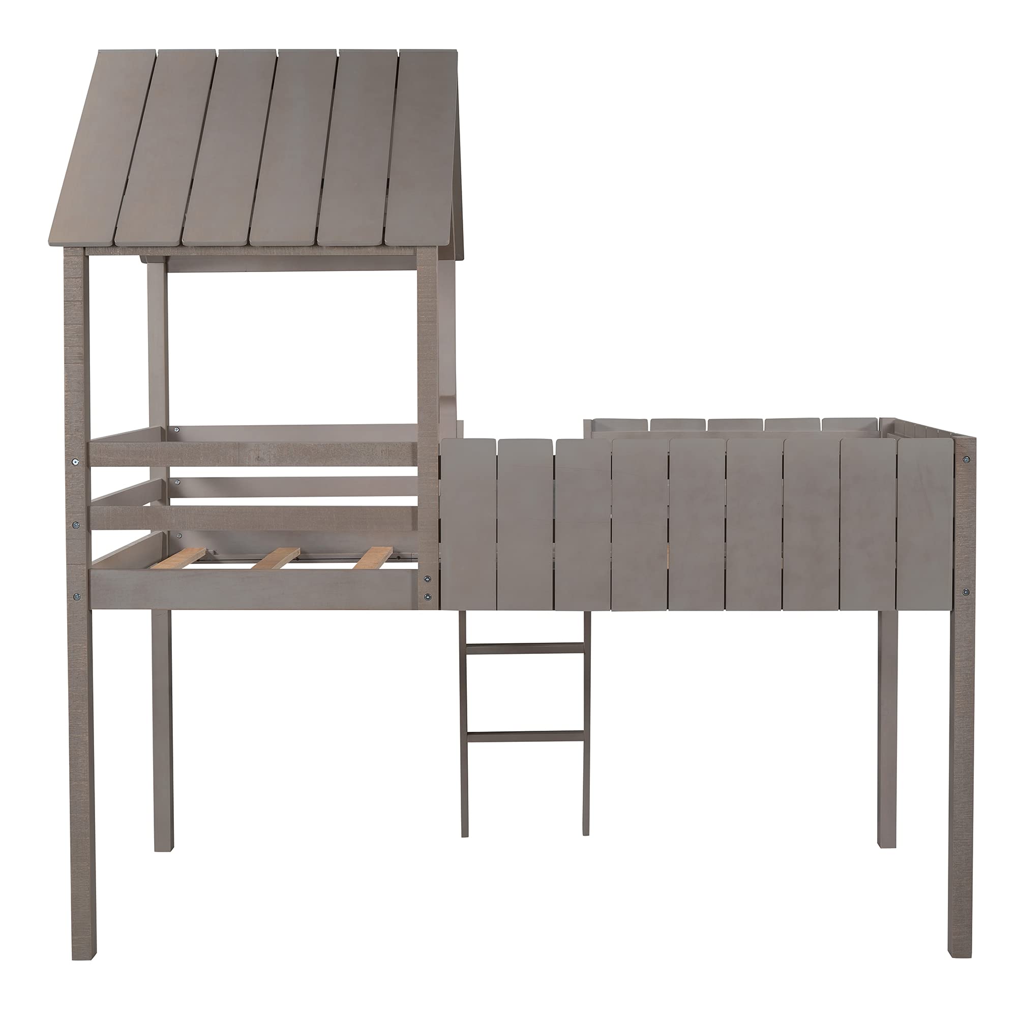 Twin Size Solid Wood Loft Bed for Kids - Playhouse Bed Frame with Roof, Guardrail & Ladder - Farmhouse Style House Bed, No Box Spring Needed (Gray Wash) - Perfect for Small Bedrooms, Playrooms & Kids' Sleepovers