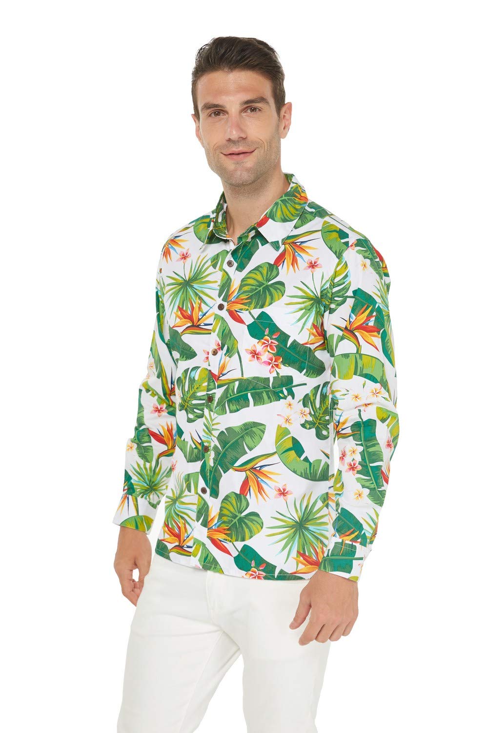 Hawaiian Couple Matching Luau Long Sleeve Shirt & Muumuu Dress - Tropical Bird of Paradise Print White - Perfect for Beach Vacations, Hawaiian Theme Parties and Honeymoon Getaways