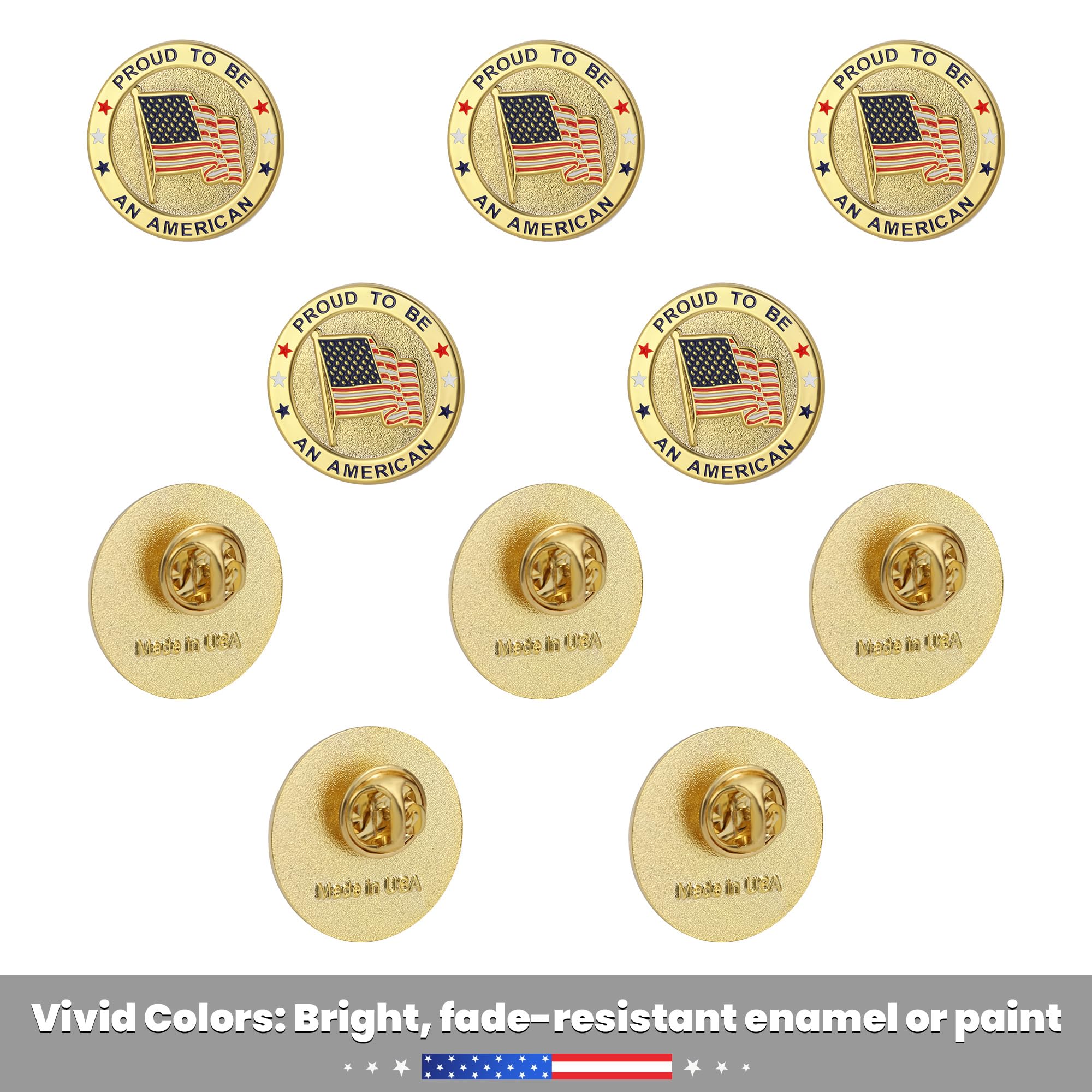 10 Pack Round American Flag Pins - Gold USA Flag Lapel Pins for Memorial Day, Independence Day, Veterans Day & Patriotic Events - Perfect for Suits, Hats, Bags & Gifts