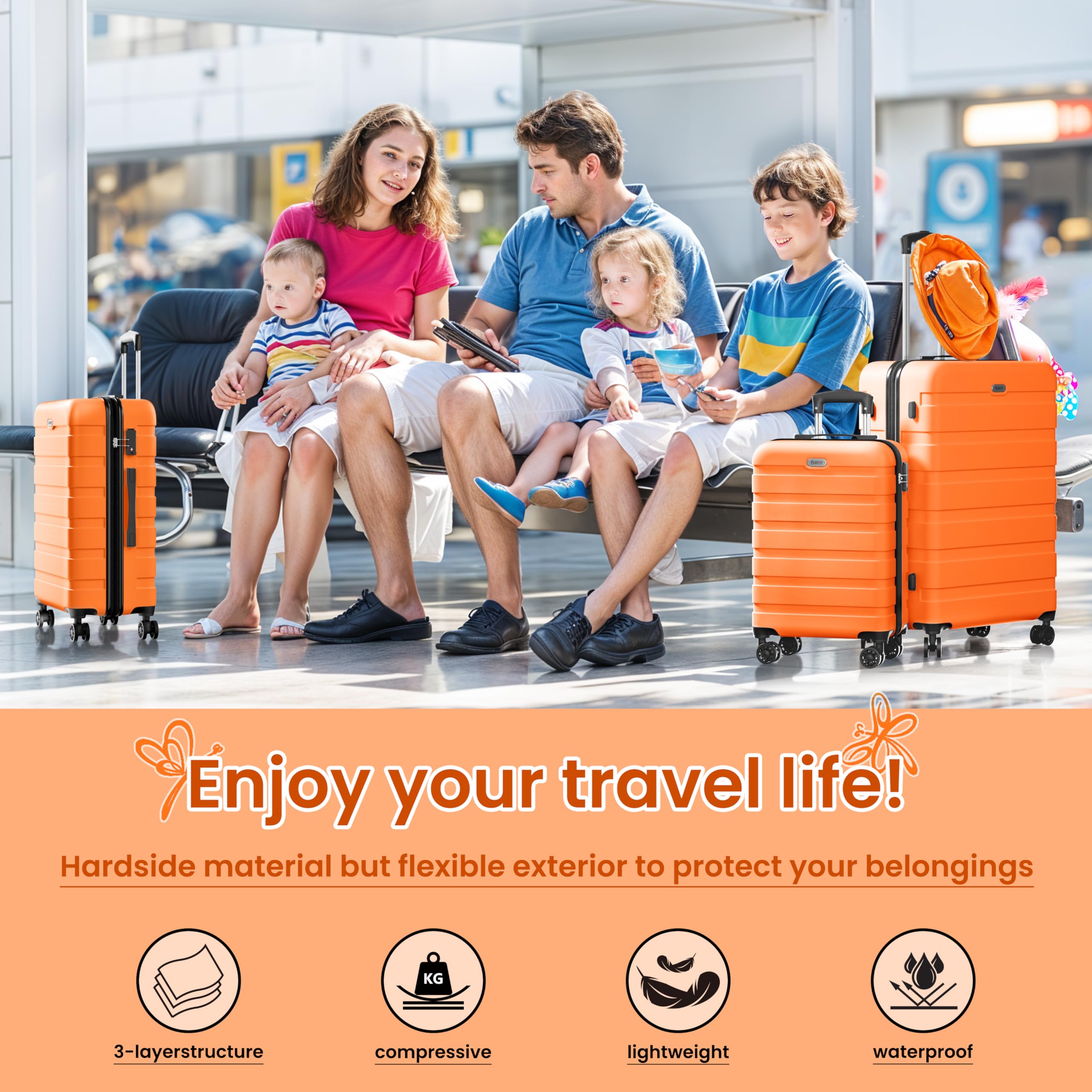 AnyZip 3-Piece Hardshell Luggage Set - Lightweight PC ABS Suitcase with 4 Double Spinner Wheels & TSA Lock (20/24/28 Inch, Orange) - Perfect for International Travel, Family Vacations & Business Trips