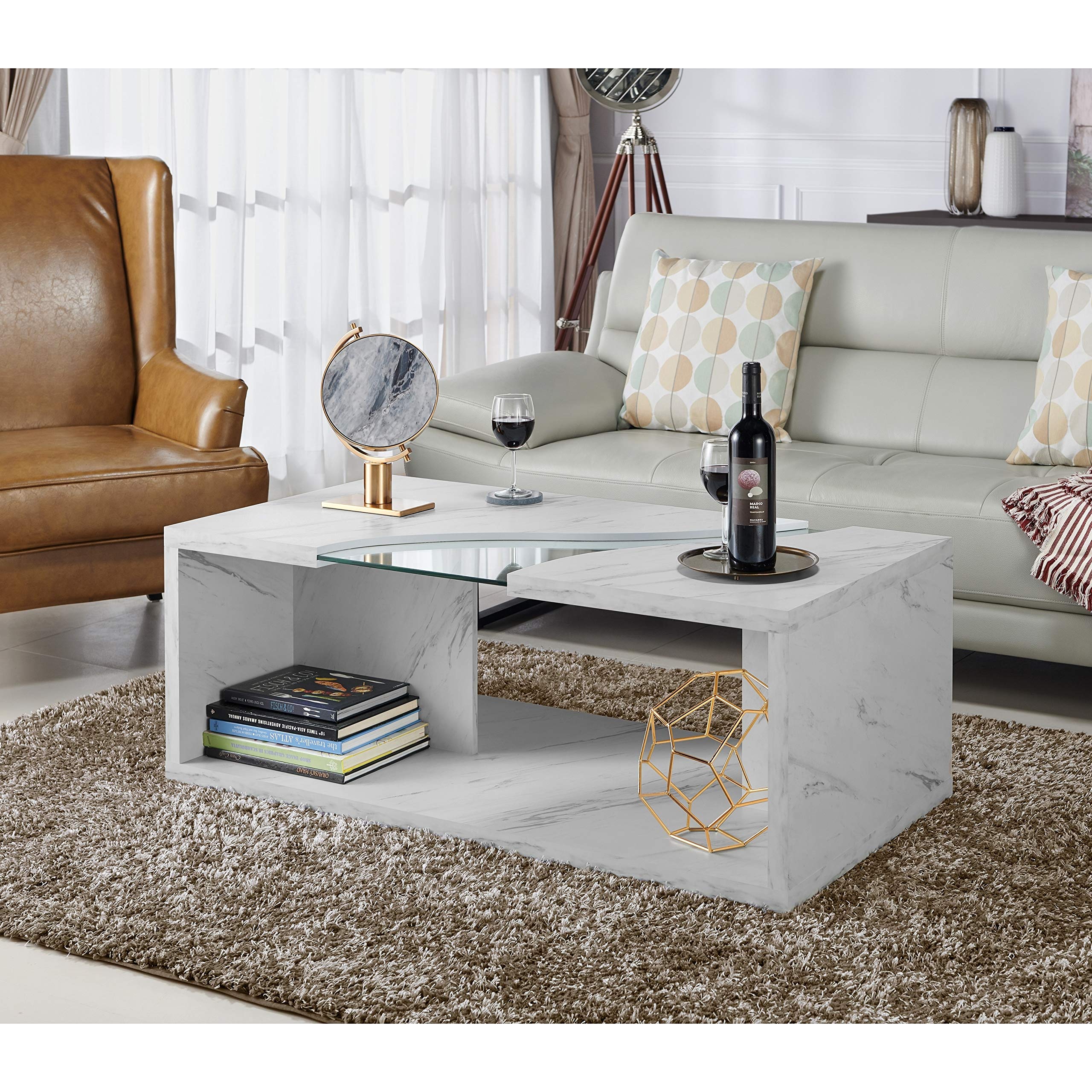 Modern White Open Coffee Table with Clear Glass Top & Marble Wood Finish - Includes Hardware Shelf for Living Room, Lounge & Office Decor