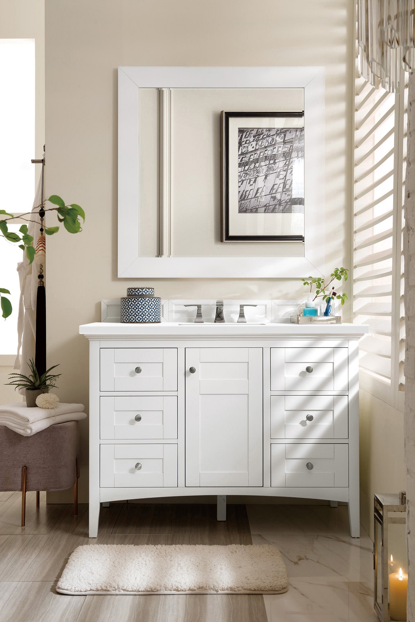 Palisades 48 Inch Single Bathroom Vanity Set in Bright White with 3CM Classic White Quartz Countertop - Perfect for Modern Master Bathrooms and Powder Rooms
