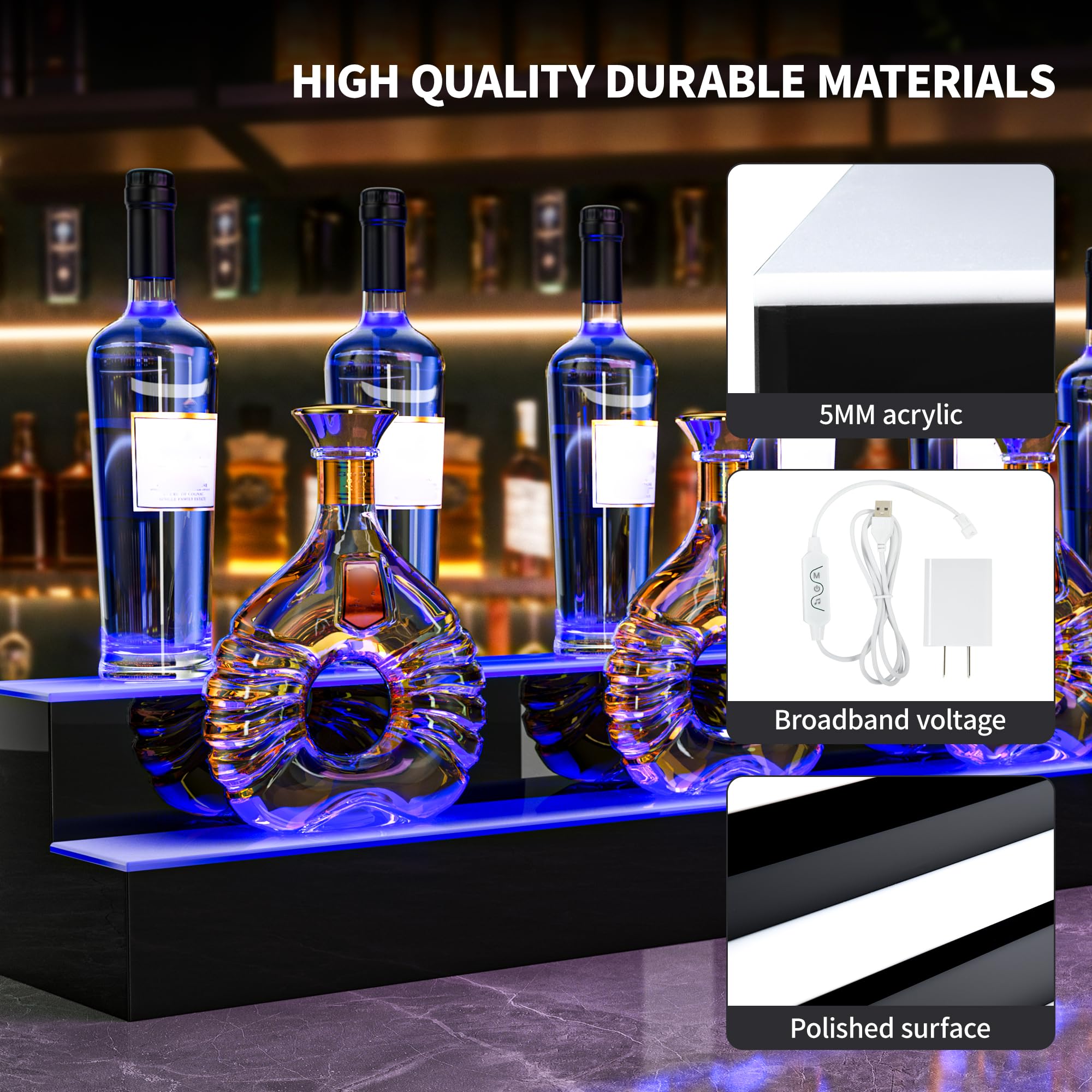 YITAHOME 48-Inch 2-Tier LED Lighted Liquor Bottle Display Shelf - Acrylic Whiskey Rack Stand with Remote & App Control, USB & Power Bank Compatible - Perfect for Home Bar, Party Decor, and Whiskey Collection Display