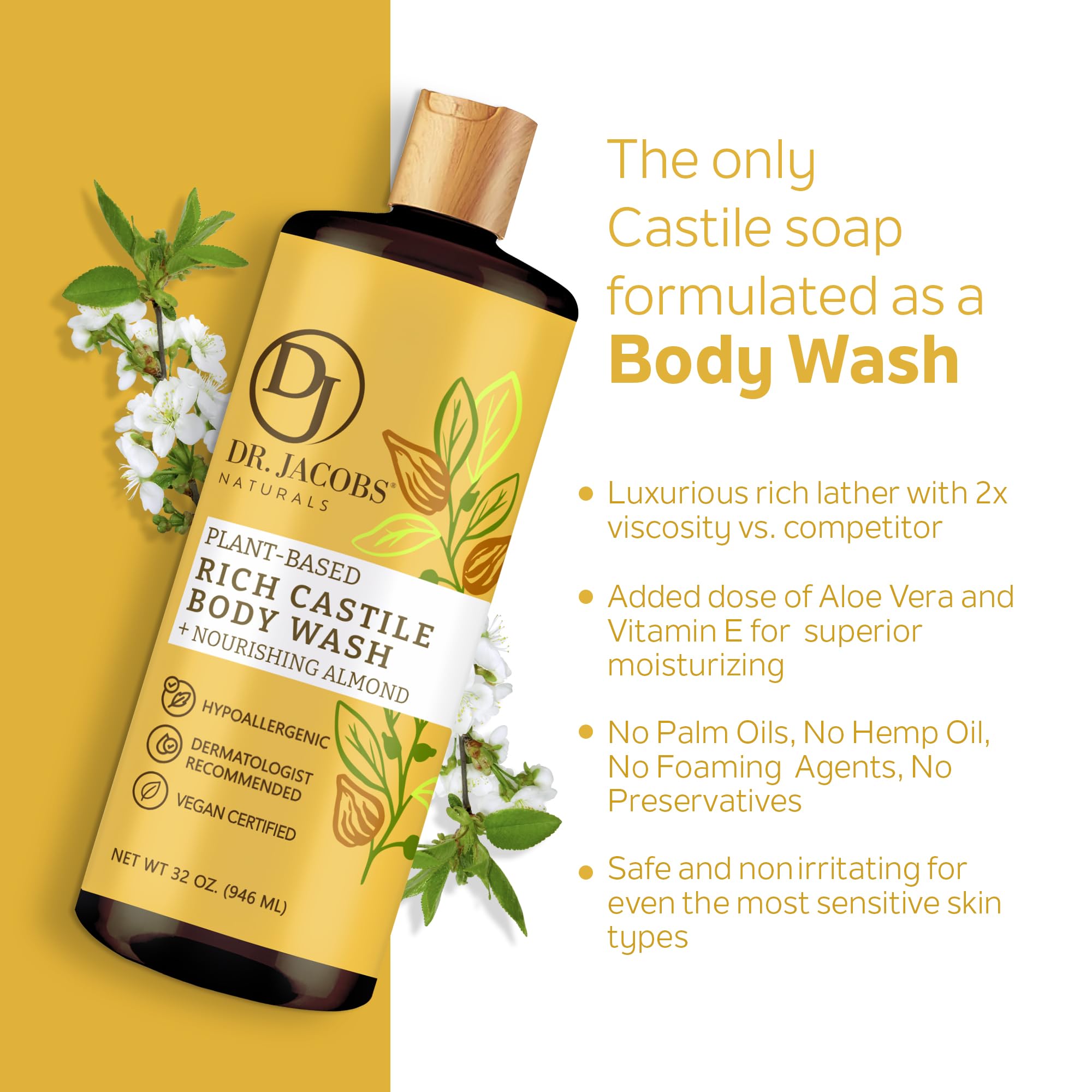 Dr. Jacobs Naturals Pure Castile Liquid Soap - Organic Almond Honey Face & Body Wash for Sensitive Skin, 32oz | Vegan, Cruelty-Free & Chemical-Free | Perfect for Shower, Bath & Hand Washing