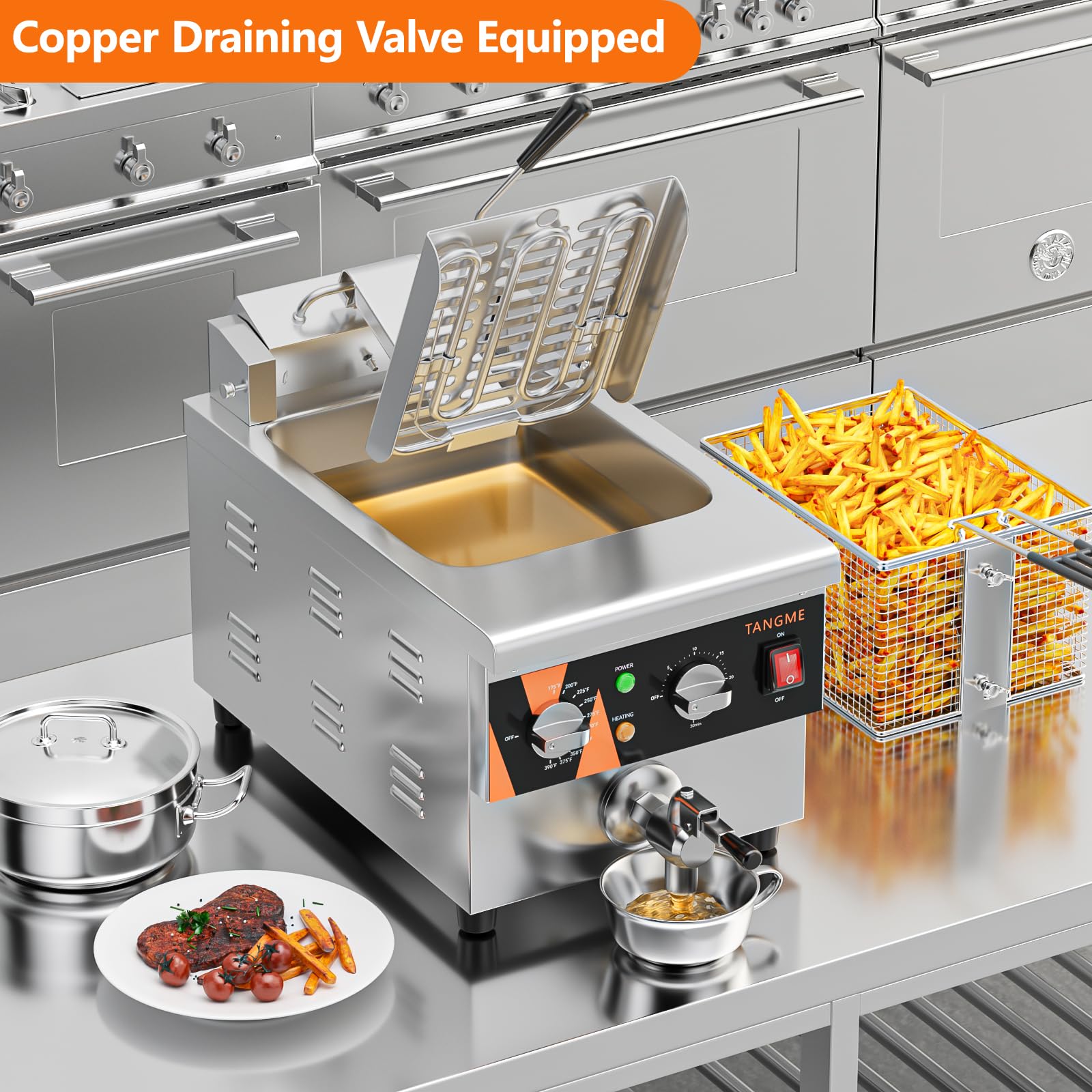 Commercial Deep Fryer with Drain Valve - 12.7Qt Electric Countertop Fryer, Stainless Steel Oil Fryer with Temperature & Time Control - 1800W, 120V - Perfect for Restaurants, Food Trucks & Home Kitchen Use