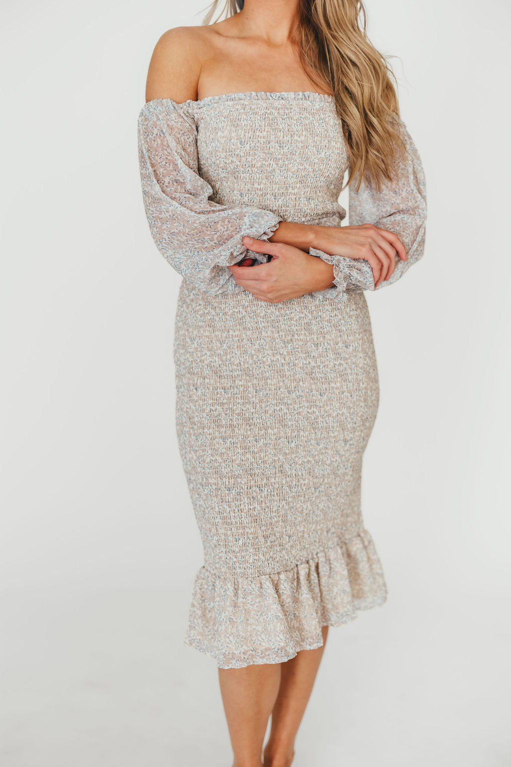 Stylish Cameron Stretchy Midi Dress with Ruffles - Beige & Blue Floral Print | Perfect for Casual Outings, Date Nights & Summer Vacations
