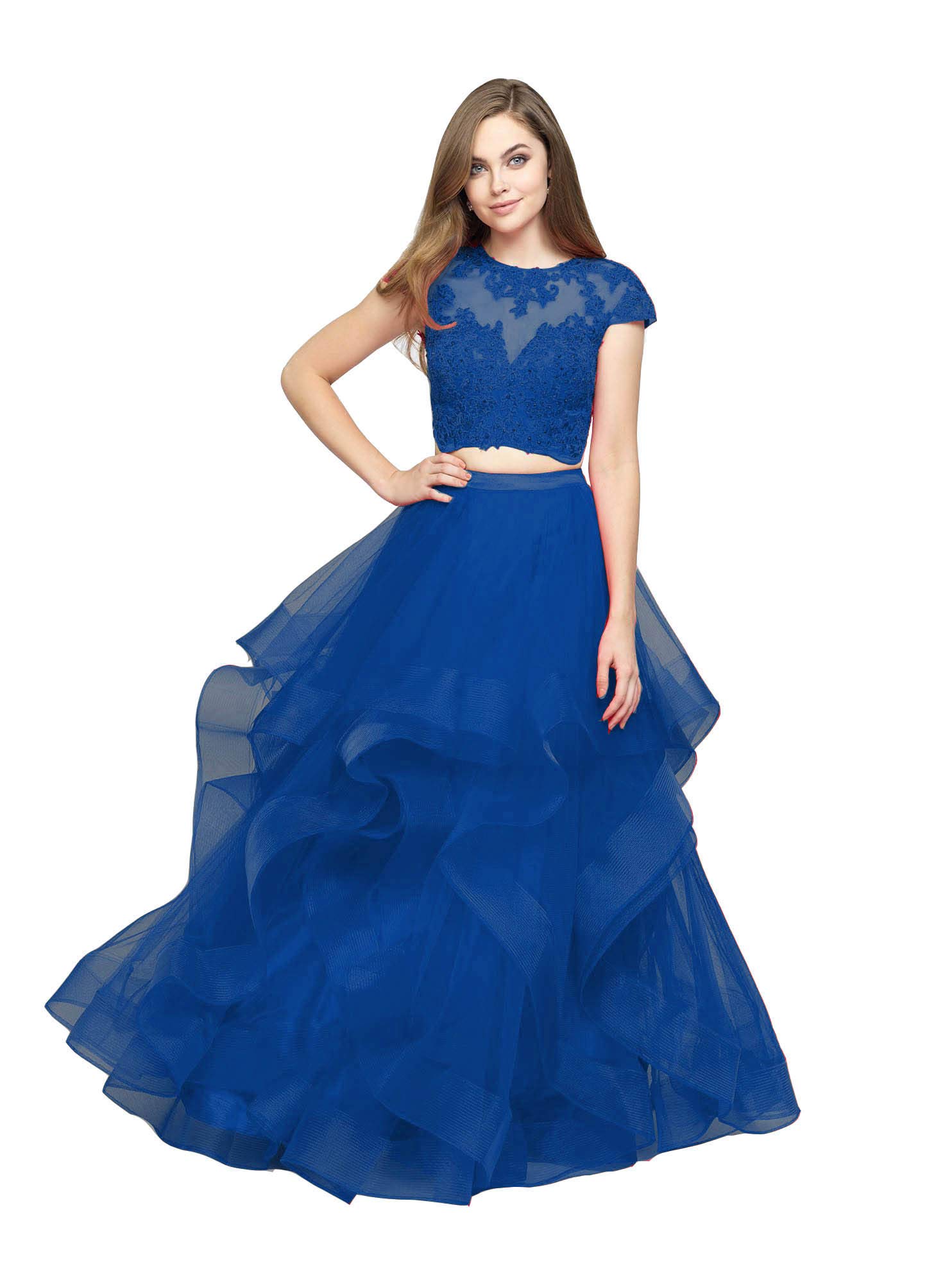 Emmani Women's 2 Piece Prom Dress with Lace Applique - Quinceanera & Sweet 16 Ball Gown in Royal Blue - Layered Ruffle Organza Formal Dress for Homecoming, Wedding & Special Occasions