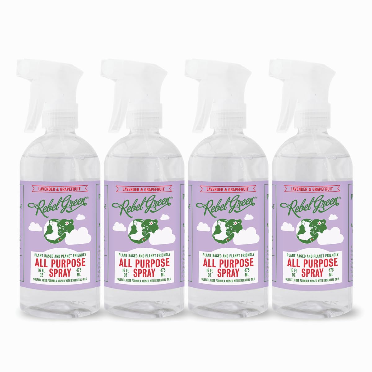 Rebel Green Natural All-Purpose Cleaning Spray - Essential Oil Multi-Surface Cleaner for Kitchen, Bathroom & Floors | Kid & Pet Safe | Eco-Friendly Cleaning Products | Lavender & Grapefruit Scent | 16oz Bottles (4 Pack) | Perfect for Home, Office & Commercial Use