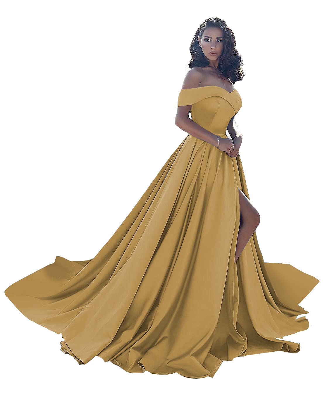 Elegant Plus Size Ball Gowns for Women | Off-Shoulder Satin Prom Dresses 2022 | A-Line Wedding Gowns with High Slit - Perfect for Formal Events, Prom Nights & Special Occasions