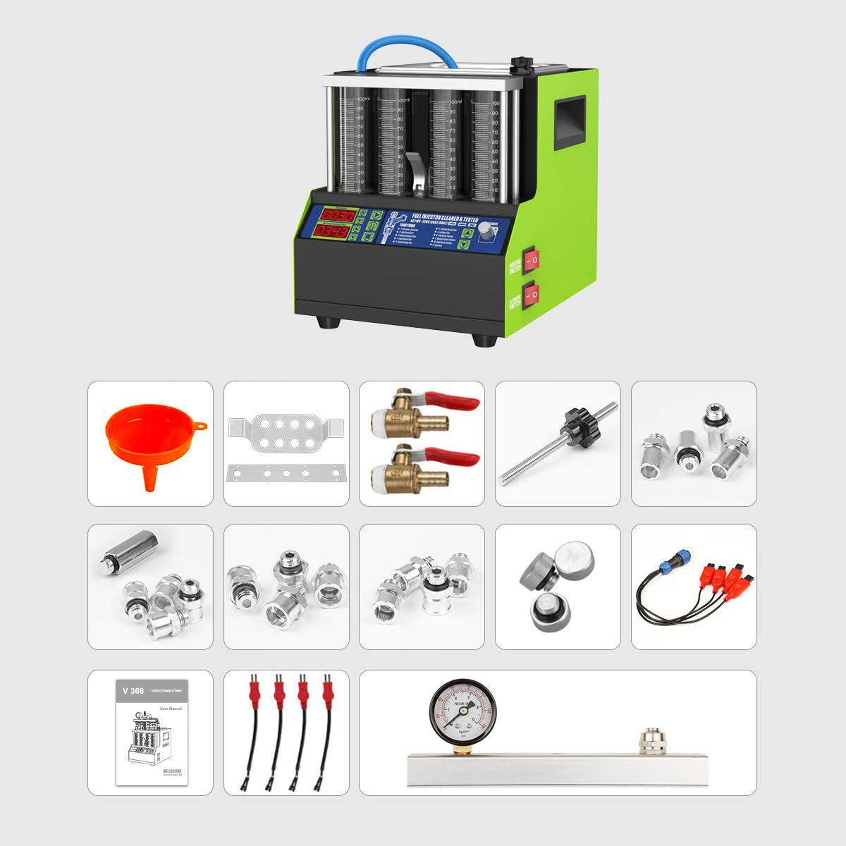 MR CARTOOL Ultrasonic Fuel Injector Cleaner & Tester Kit - 4 Cylinder Automotive Cleaning Tool with Spark Plug Tester & Leak Detection for Car, Motorcycle - Professional Auto Repair Shop & DIY Maintenance Solution