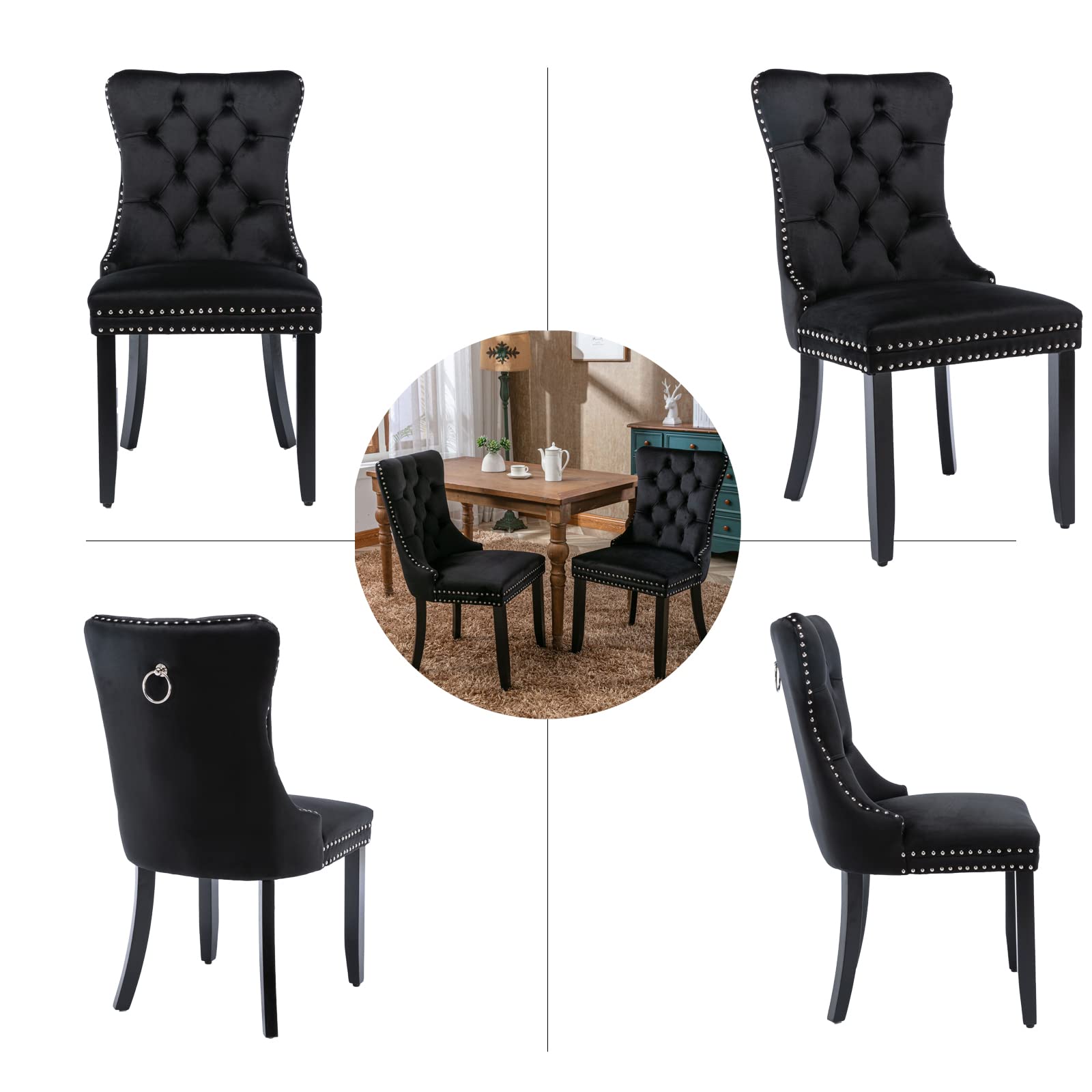 Luxury Black Velvet Dining Chairs Set of 4 - Modern Upholstered Dining Room Chairs with Elegant Back Ring Pull Trim & Sturdy Solid Wood Legs - Perfect for Dining Room, Kitchen, Living Room & Home Office Decor (Black)
