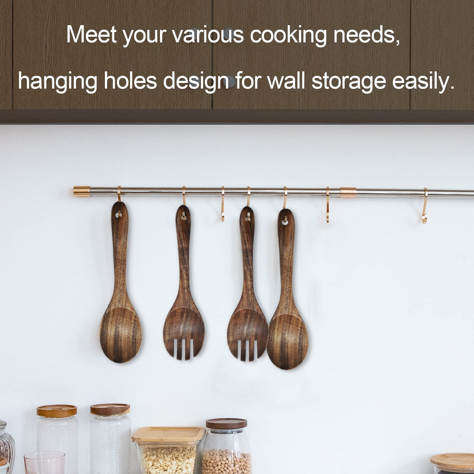 2PCS Acacia Wood Salad Servers Set - 10 Inch Long Handle Salad Tongs with Spoon & Fork - Natural Wooden Cooking Utensils for Kitchen, Mixing Bowls, Dinner Parties & Picnics