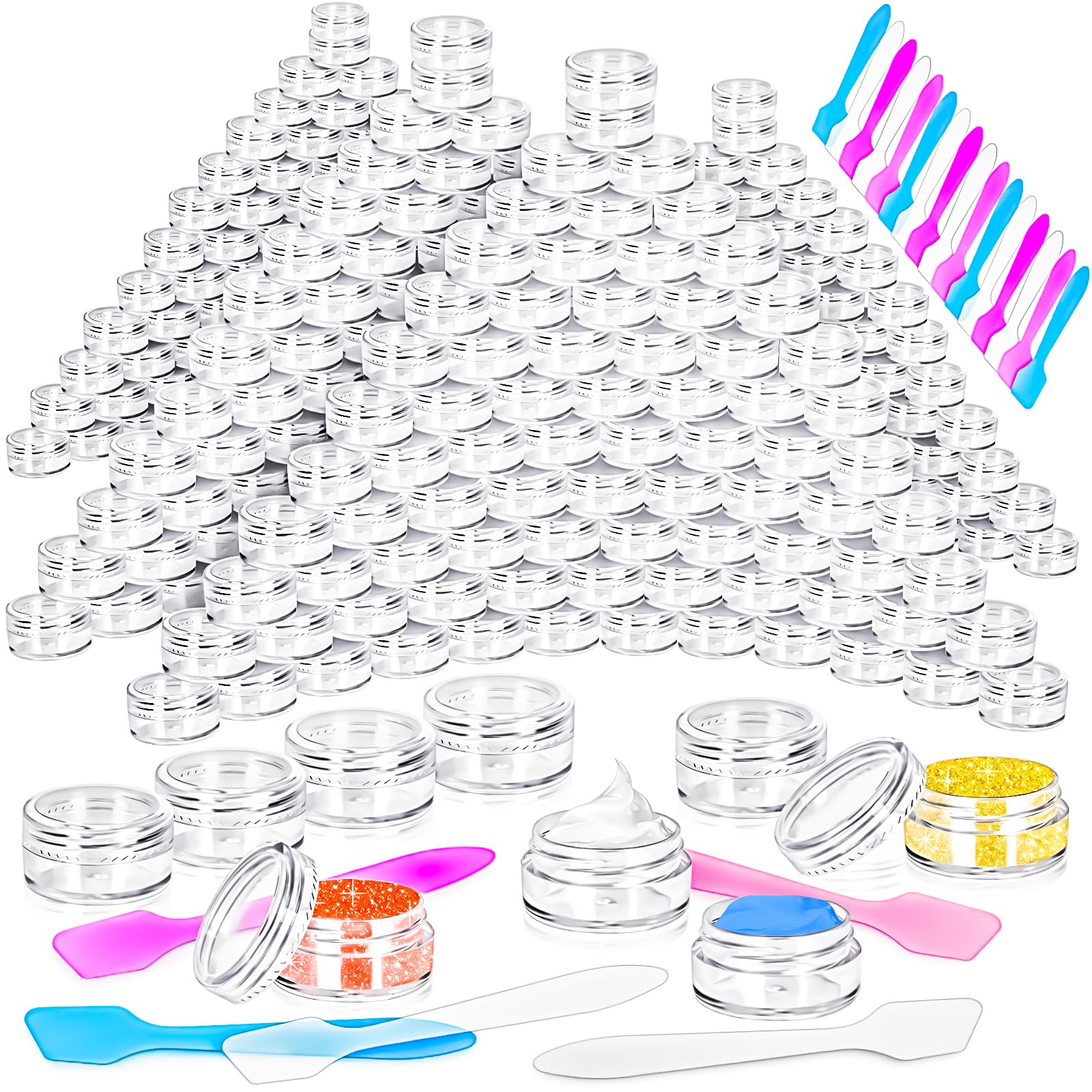 MotBach 100 Pcs 5g Empty Plastic Containers with Clear Lids - Mini Makeup Sample Jars, Small Round Cosmetic Containers with Mini Spatulas for Liquid, Powder, Cream & Lotion Samples - Perfect for Travel, DIY Beauty & Sample Storage