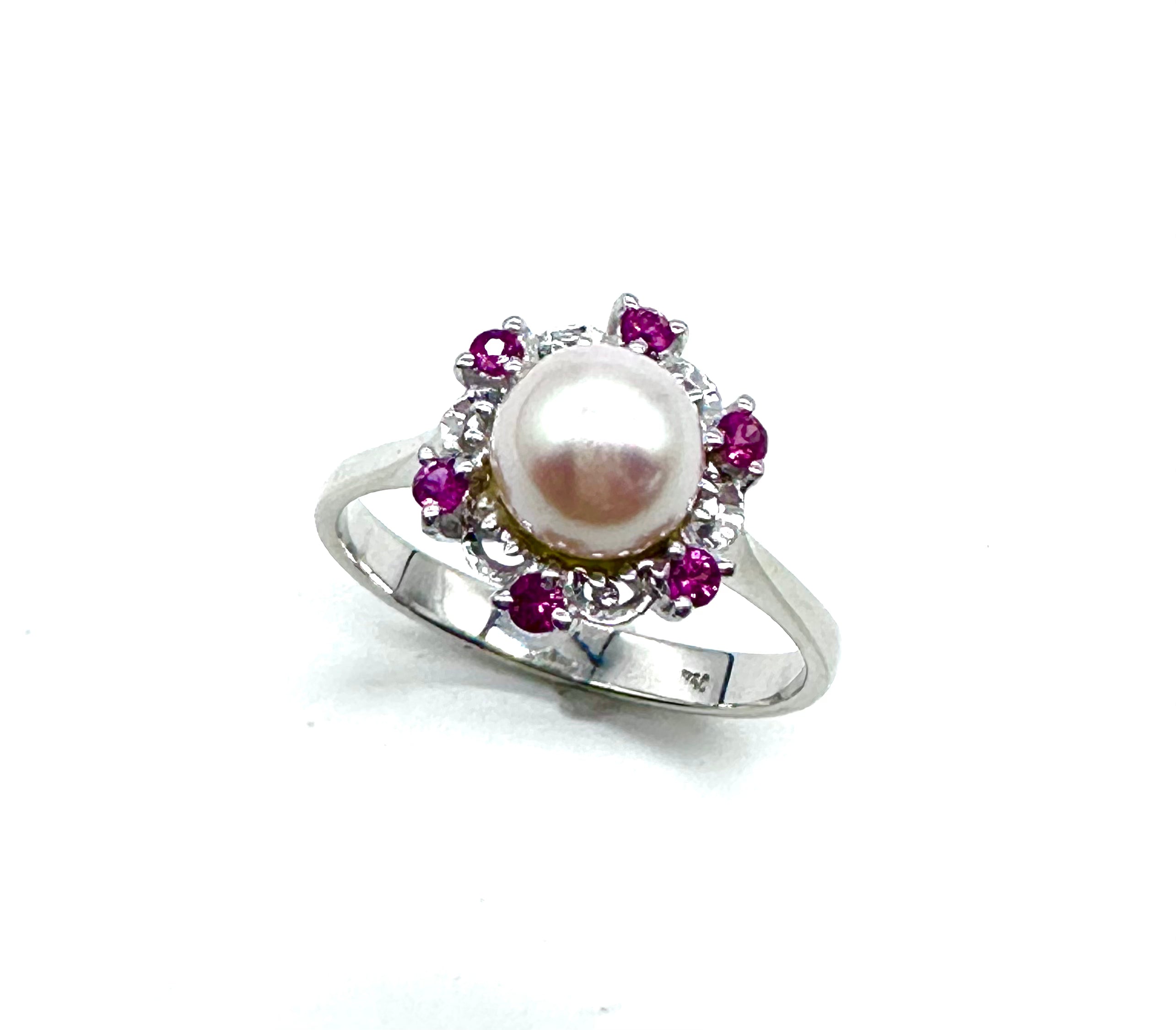 Exquisite Pearl and Ruby Halo Ring – Elegant Vintage Style Jewelry for Women – Perfect for Weddings, Anniversaries & Special Occasions