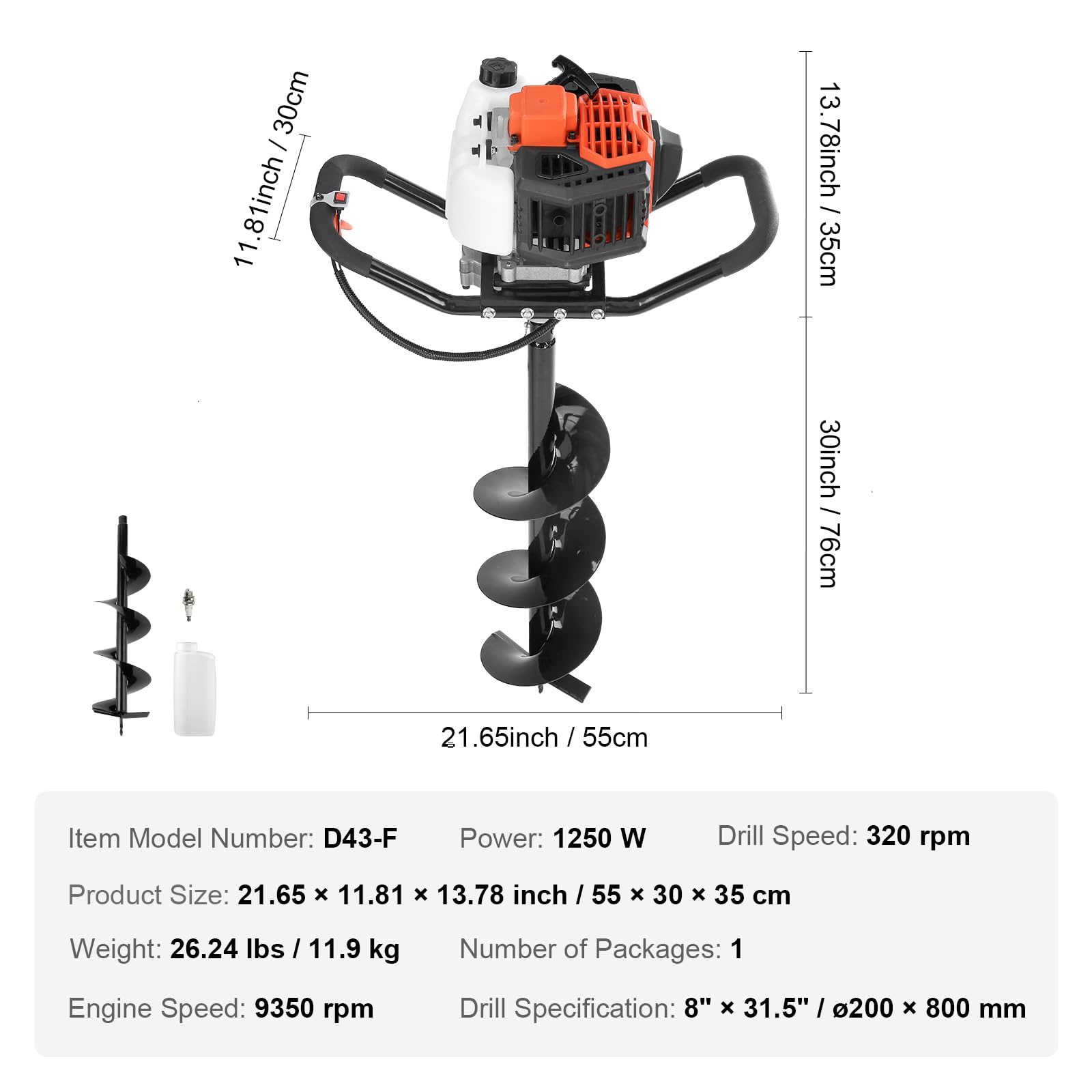 VEVOR 43cc 1250W Gas Powered Post Hole Digger with 8