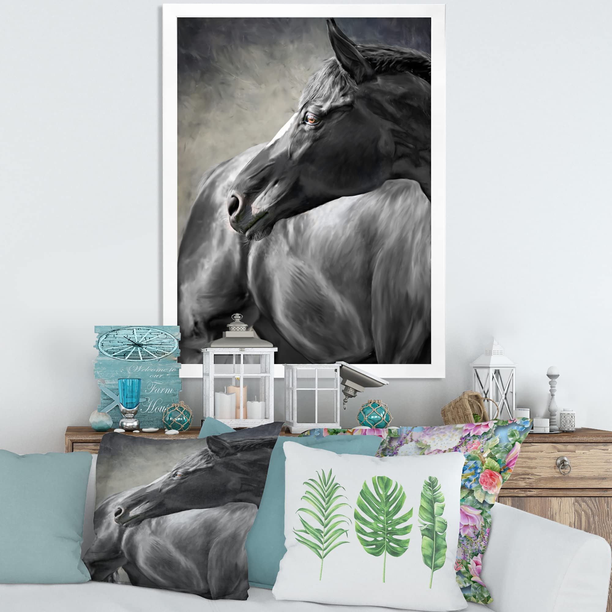 Farmhouse Framed Wall Art - Portrait of a Black Horse - Elegant Home Decor for Living Room, Bedroom & Office