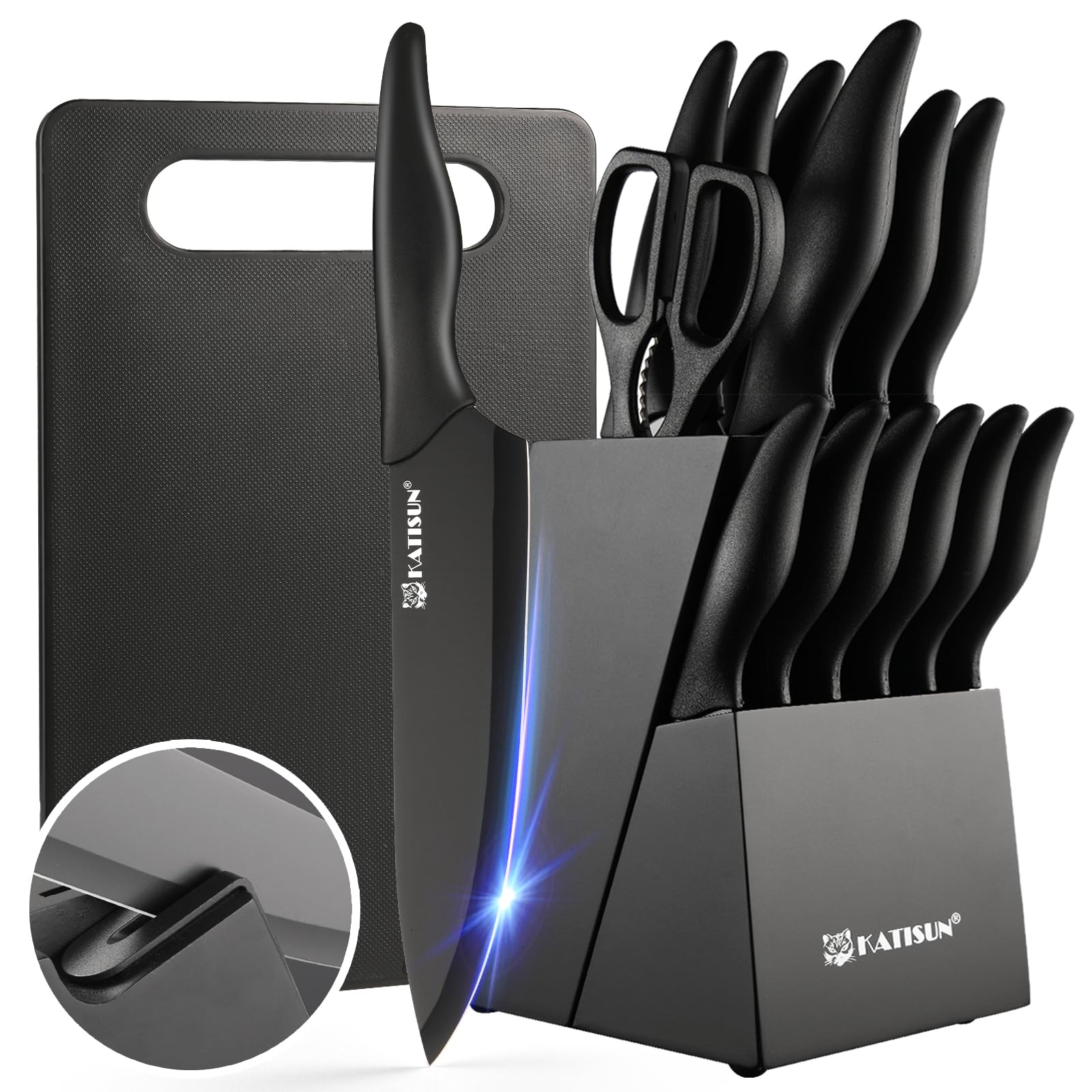 16-Piece German Stainless Steel Kitchen Knife Set with Wooden Block, Cutting Board & Sharpener - Dishwasher Safe, Anti-Slip Handles, Includes 6 Steak Knives (Black) - Perfect for Home Chefs, Cooking Enthusiasts & Professional Kitchens
