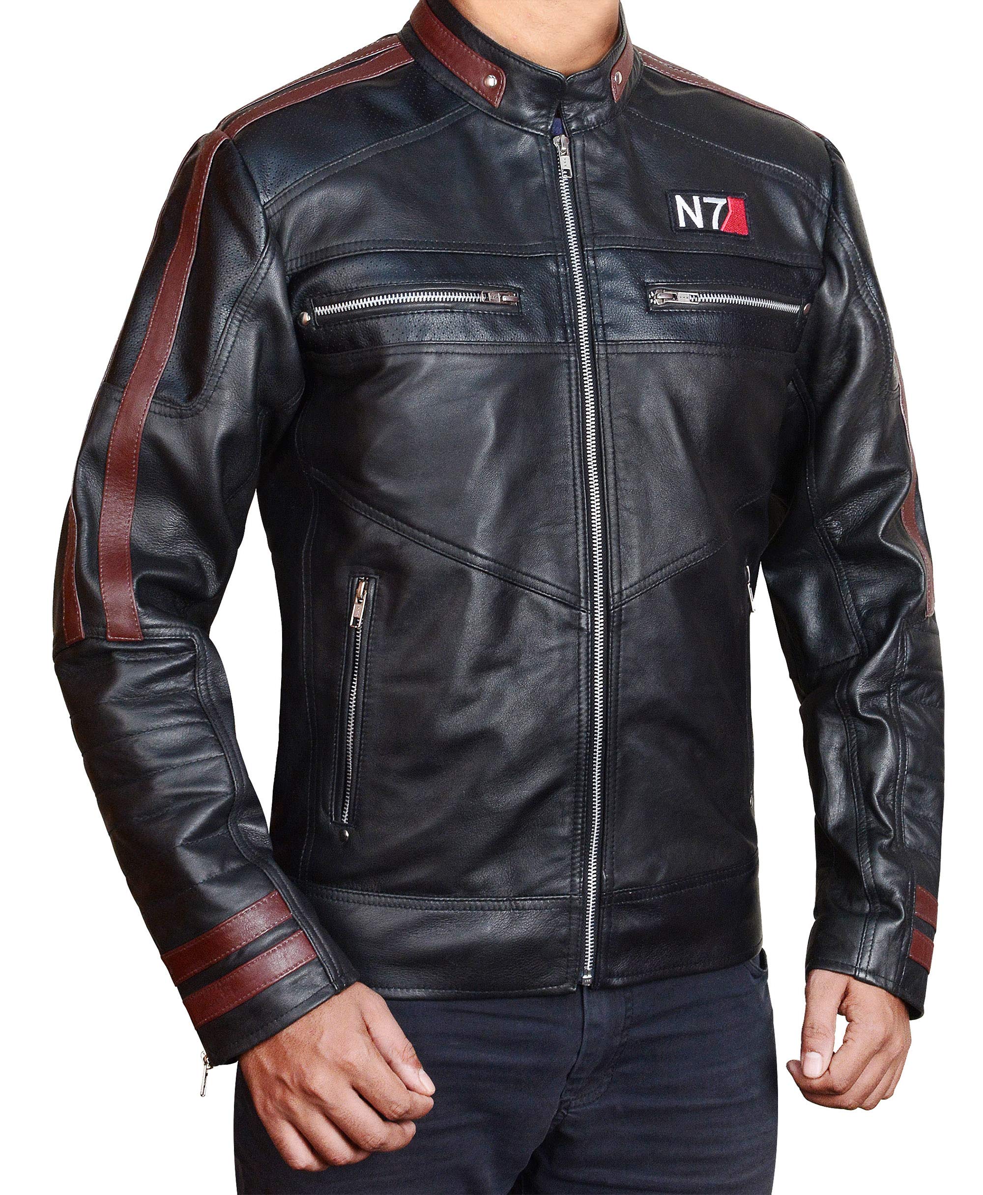 **Mass Effect N7 Commander Shepard Black Leather Biker Jacket for Men - Cosplay Costume & Stylish Outerwear for Halloween, Gaming Conventions & Themed Parties**