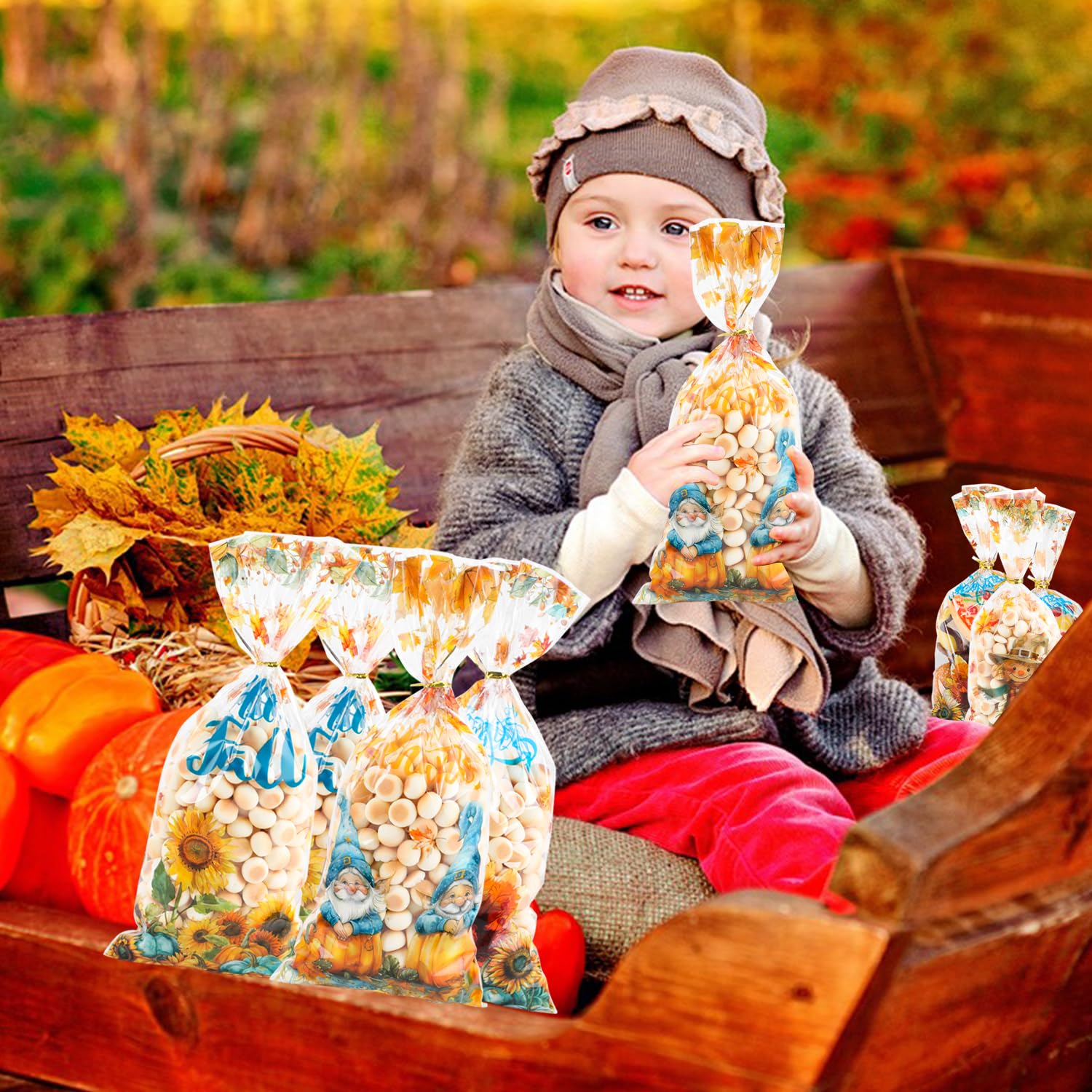 FOIMAS 160pcs Autumn Cellophane Treat Bags - Maple Leaf & Pumpkin Design Fall Thanksgiving Candy Bags for Harvest Party Favors, Halloween Goodie Bags, School Classroom Snacks & Holiday Gift Packaging
