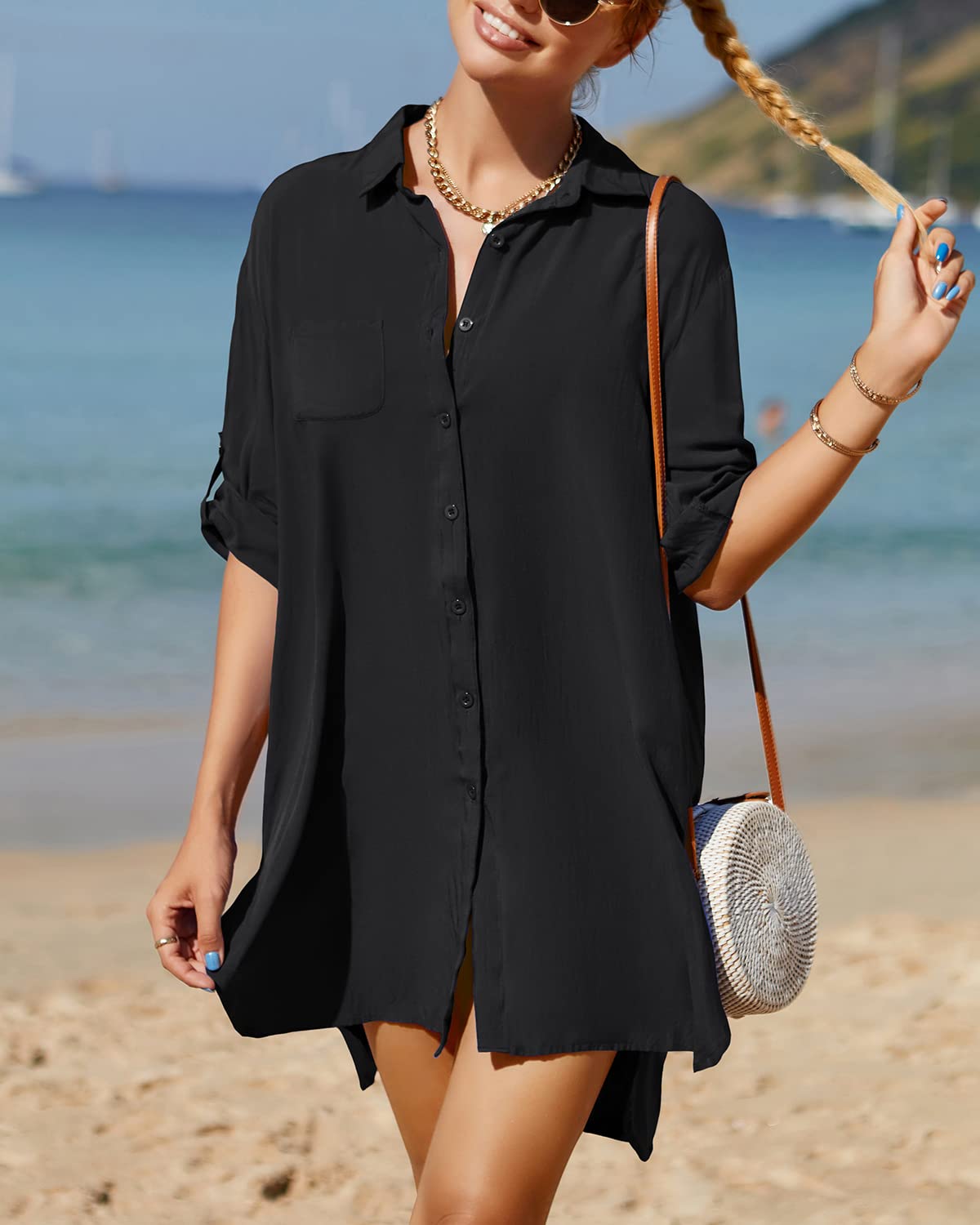 Stylish Pinup Fashion Women's Swimsuit Cover Up - Button Up Beach Shirt for Swimwear, Bathing Suit Cover Up - Perfect for Poolside, Beach Vacations & Summer Outings