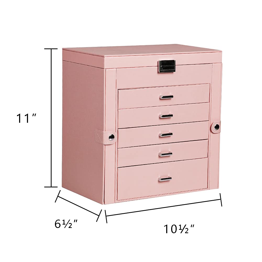 Frebeauty 6-Tier PU Leather Jewelry Organizer with Mirror & 5 Drawers - Pink for Necklaces, Bracelets & Watches Storage