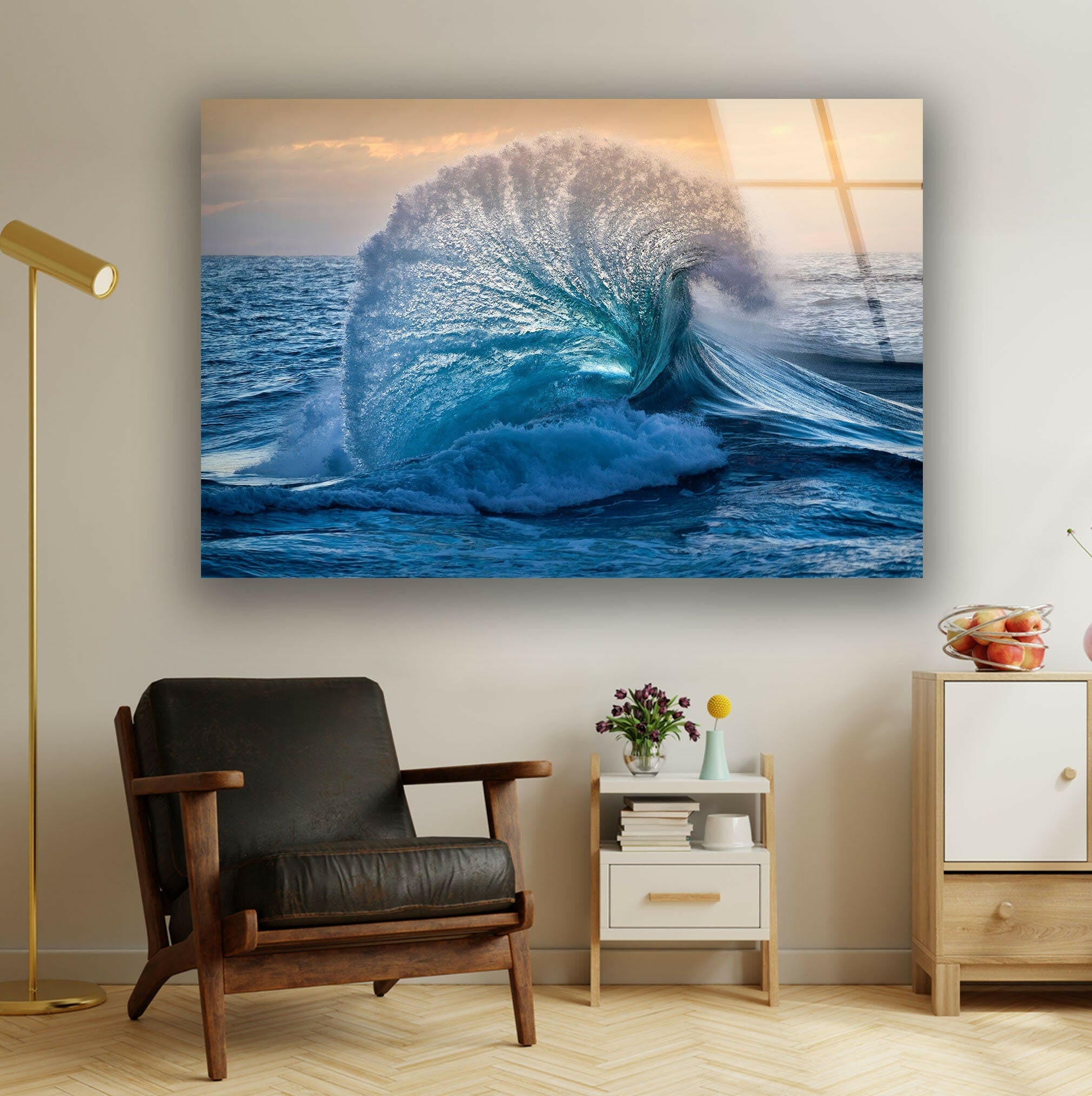 Big Ocean Wave Glass Wall Art - Handmade Coastal Decor for Living Room, Bedroom & Office - Perfect Beach Theme Home Decoration