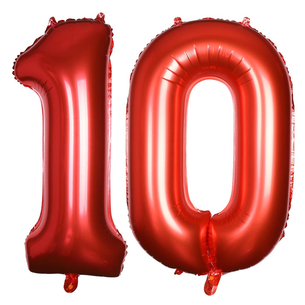 40 Inch Jumbo Number 10 Balloon - Red Foil Helium Balloons for Birthday Party, Anniversary, Graduation & Celebration Decorations - Perfect for Photo Backdrops, Balloon Arches & Party Centerpieces