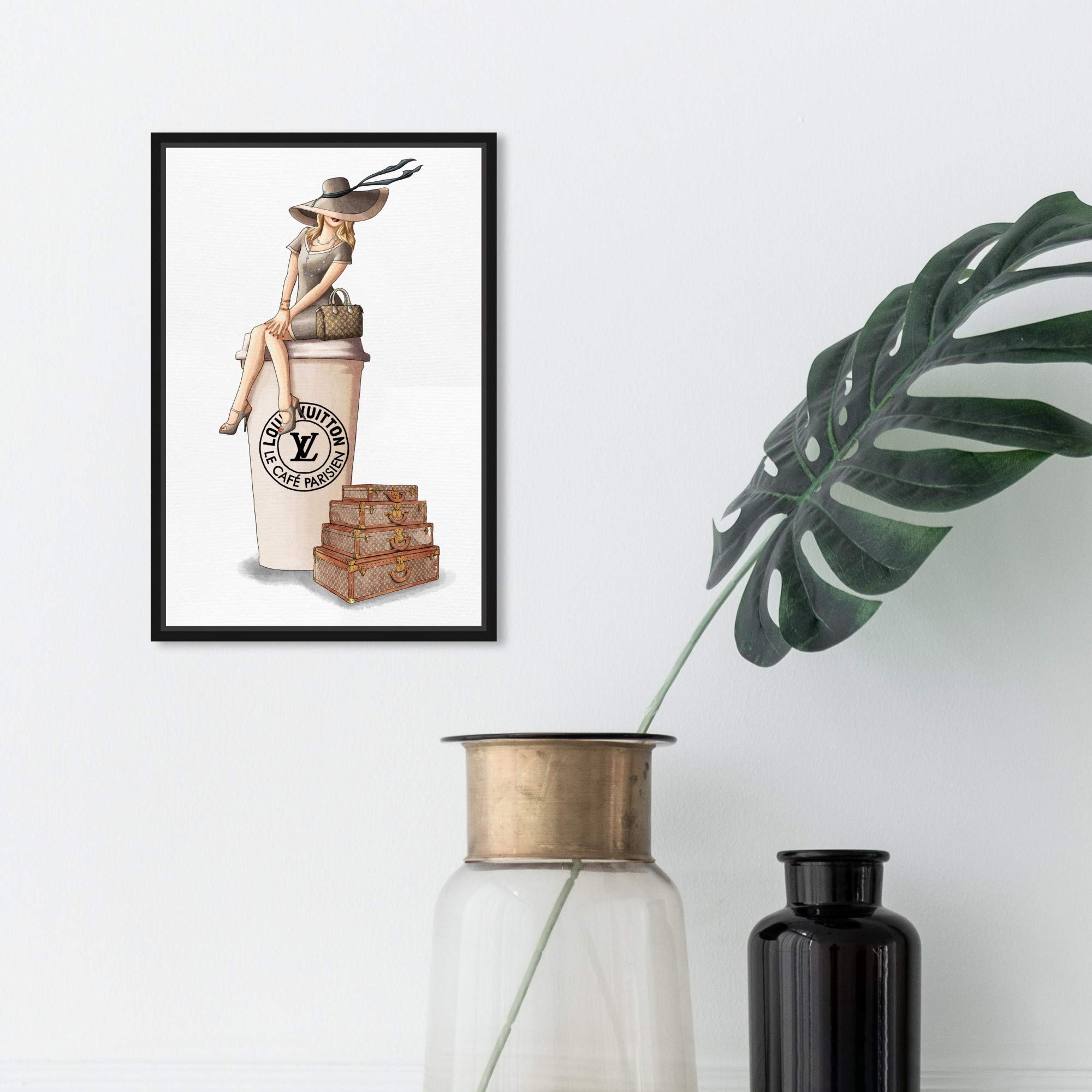 Oliver Gal Artist Co. 'Cafe au Lait Paris' Fashion Wall Art - 10x15 Inch Brown Framed Canvas Print for Handbag Lovers & Home Decor - Perfect for Living Room, Bedroom or Office Décor