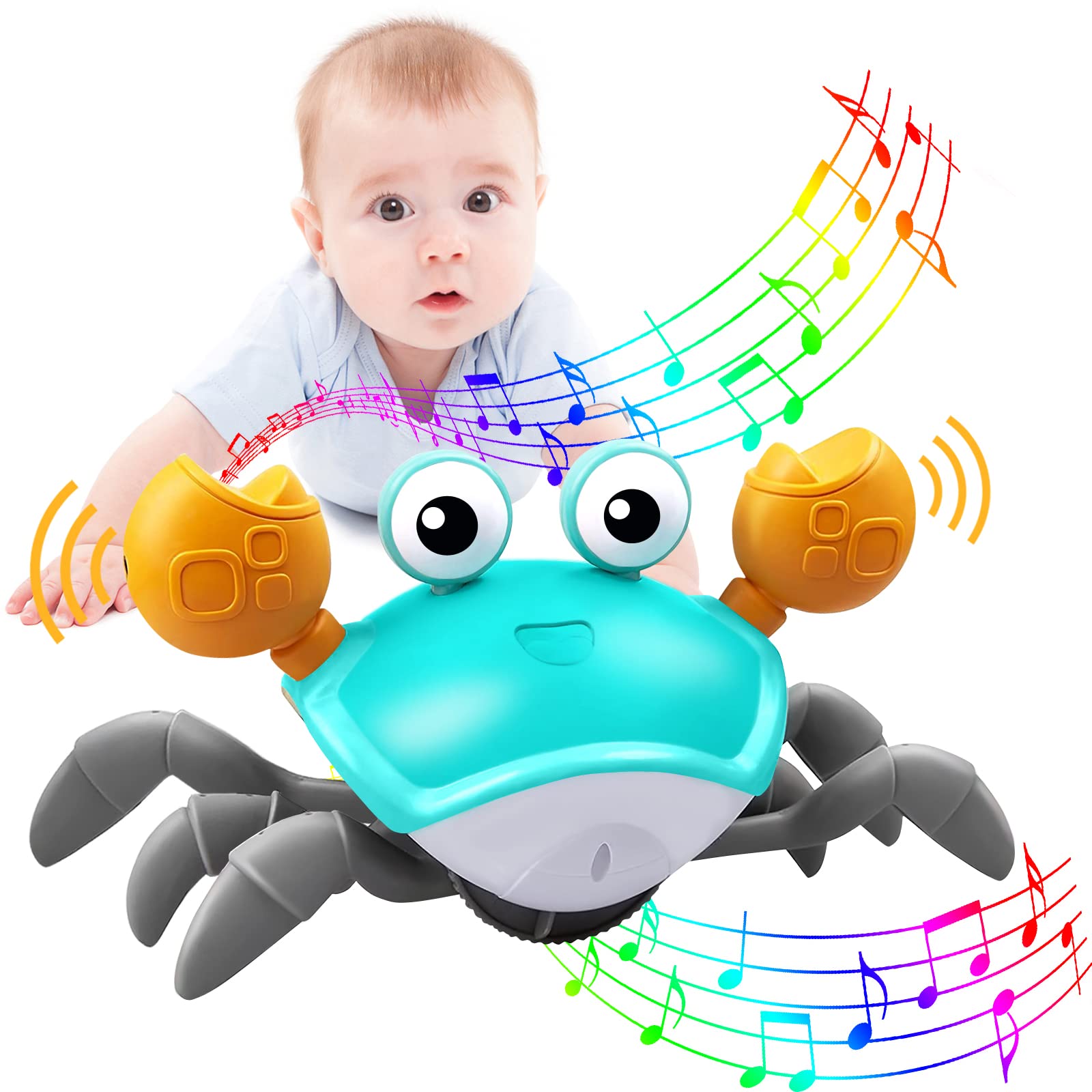 Plnmlls Crawling Crab Baby Toy - Interactive Musical LED Light Infant Toy with Auto Obstacle Avoidance & Rechargeable Battery | Perfect for Tummy Time, Sensory Play & Early Learning Development