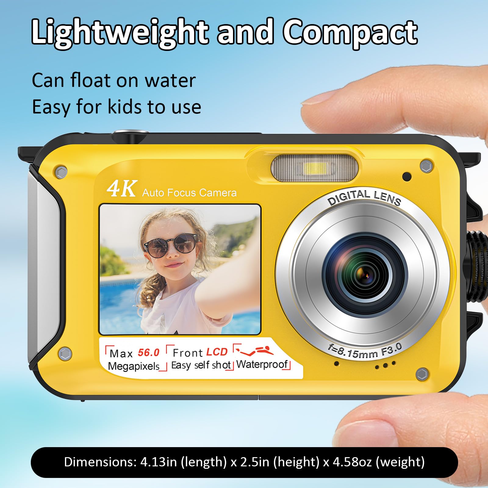 4K Waterproof Digital Camera 56MP Autofocus Dual-Screen Selfie Underwater Camera with 32GB Card - 11FT Depth, Compact Floatable Point & Shoot for Snorkeling, Scuba Diving & Beach Vacations - Includes 1250mAh Rechargeable Battery