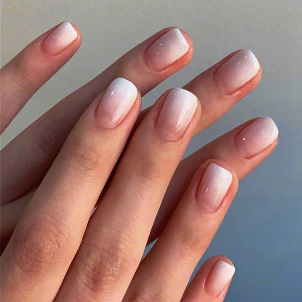 Brishow 24pcs French White Short Press on Nails - Acrylic Gradient Fake Nails with Full Cover Stickers for Women & Girls - Perfect for Parties, Weddings, and Daily Wear