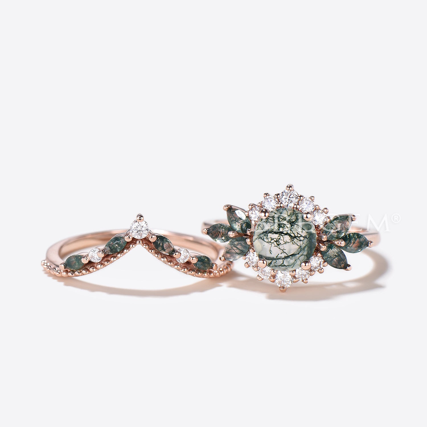 Natural Moss Agate Cluster Diamond Halo Ring - Round Cut Green Agate Bridal Set for Engagement, Wedding & Anniversary Jewelry Gift