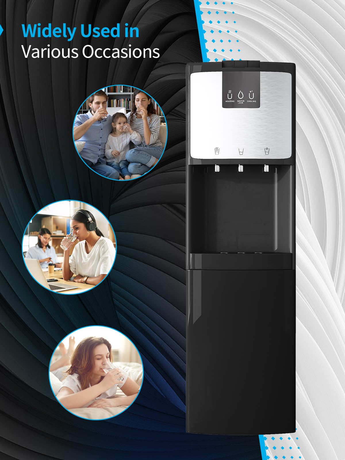 TABU Bottom Loading Water Cooler Dispenser - 3 Temperature Settings (Hot, Cold, Room) for 3/5 Gallon Bottles, Self-Cleaning Stainless Steel with Anti-Scalding & Child Safety Lock - Perfect for Home, Office, and Kitchen Use