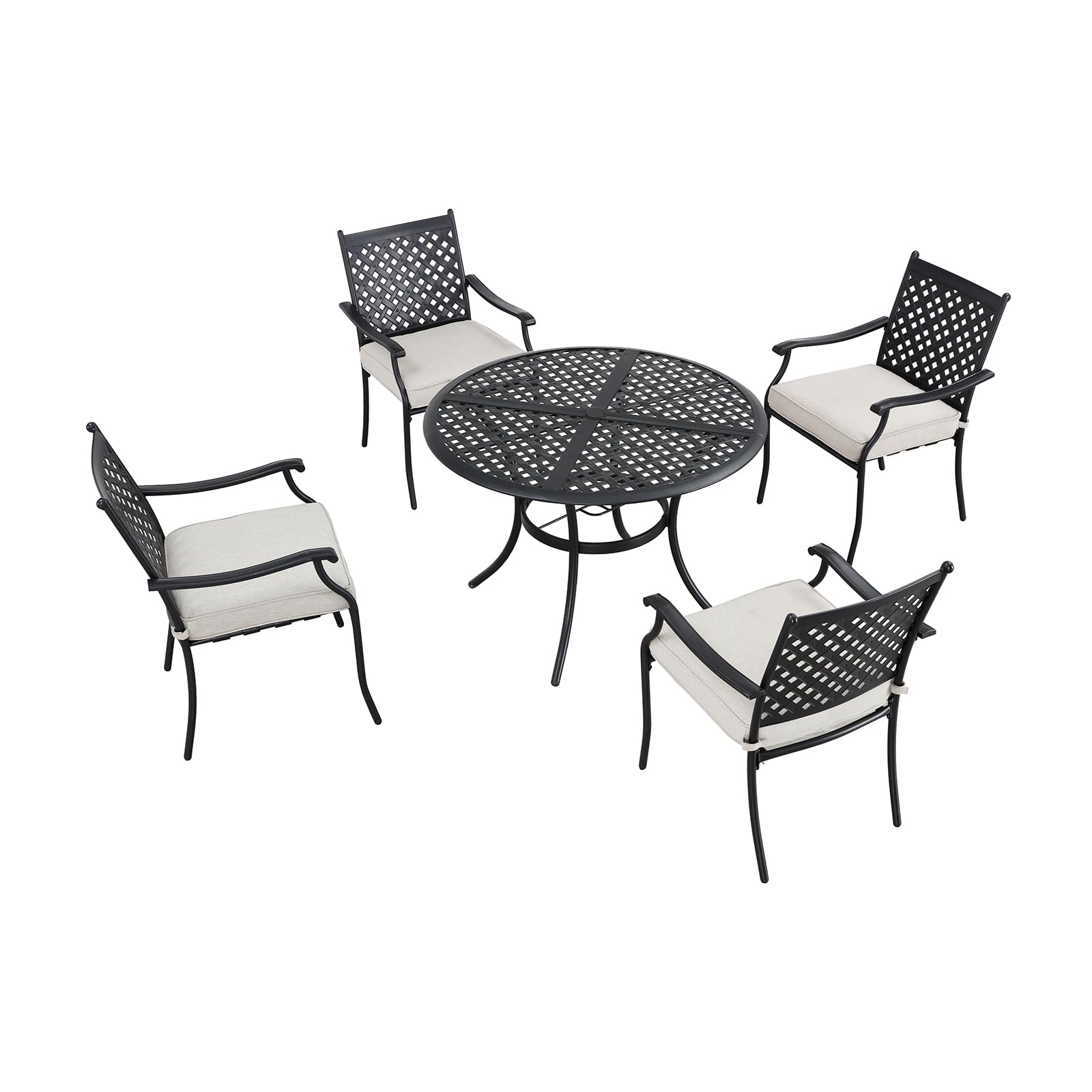 5-Piece Outdoor Patio Dining Set - 4 Wrought Iron Armchairs with Cushions & Round Black Table with Umbrella Hole - Durable Iron Garden Furniture for Deck, Lawn, Poolside, Backyard (Beige) | Perfect for Outdoor Entertaining & Relaxation