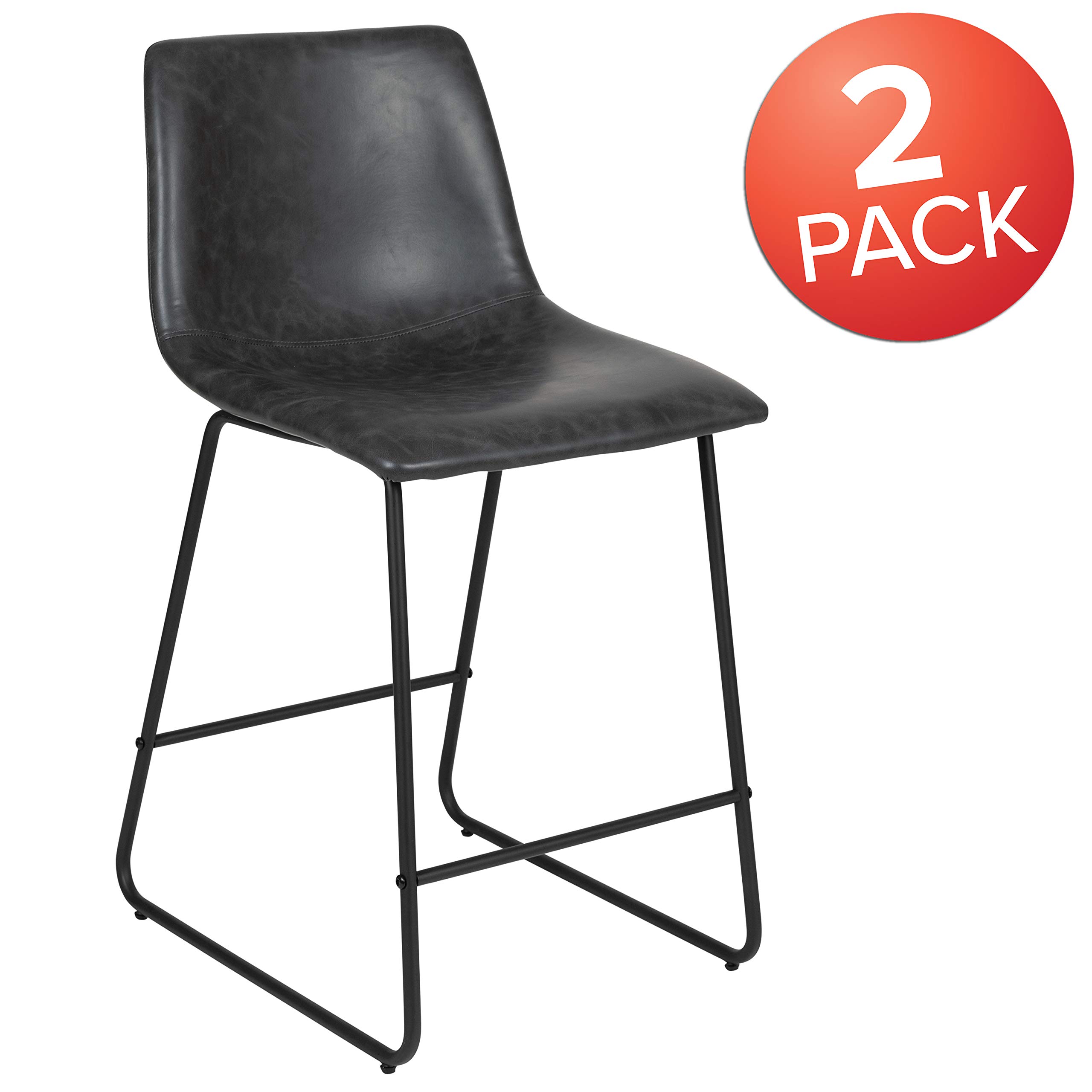EMMA + OLIVER Set of 2 24 Inch Kitchen Counter Height Bar Stools - Dark Gray LeatherSoft Upholstered Stools for Breakfast Nook, Kitchen Island & Home Bar