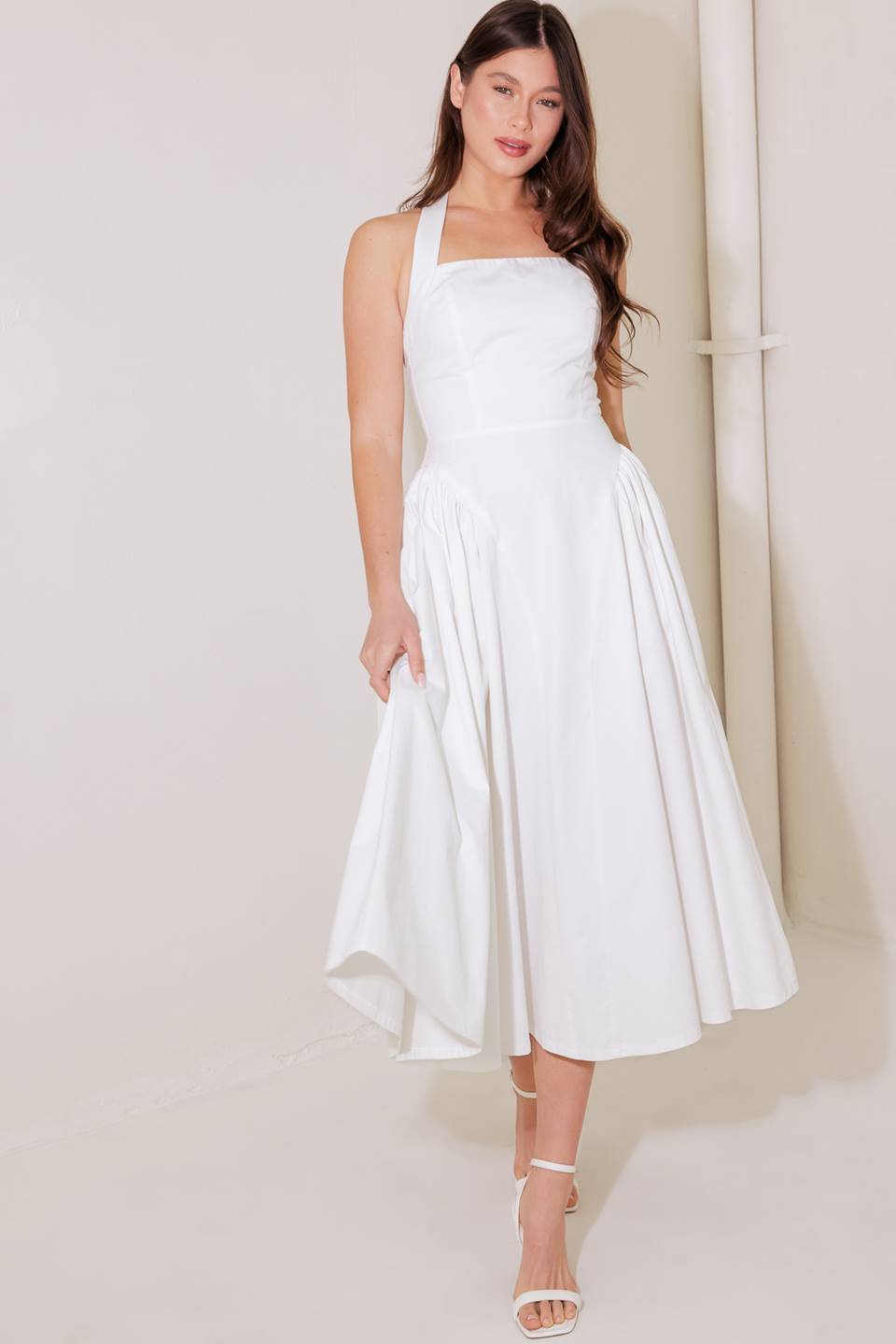 Stylish White Halter Midi Dress for Women - Perfect for Summer Outings, Beach Vacations, and Rainy Day Chic
