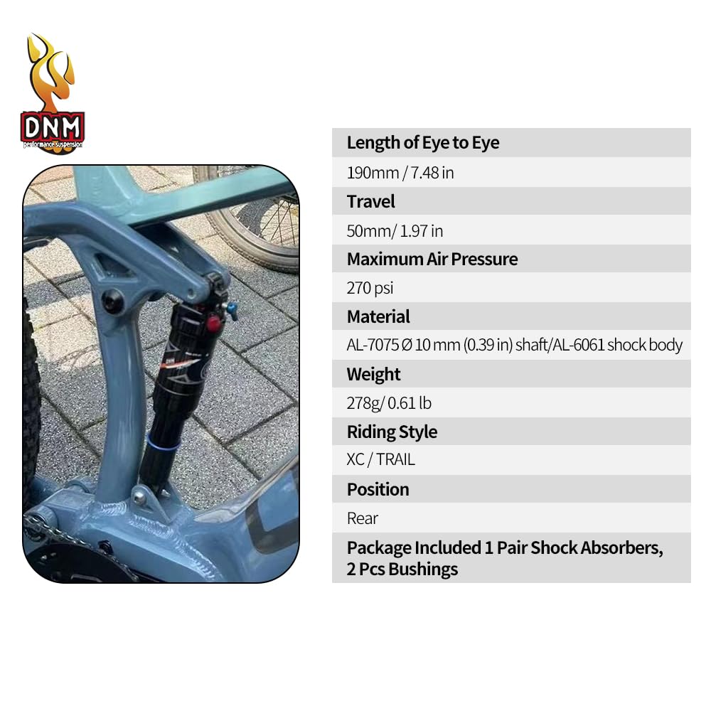 DNM AO-38RC Mountain Bike Rear Shock - Adjustable Air Pressure, Rebound & Lockout with Manual Remote - 190x50mm (7.48