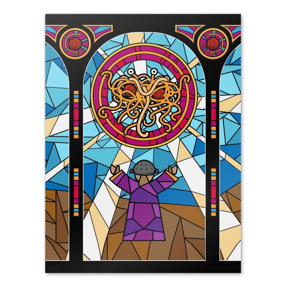 Flying Spaghetti Monster Stained Glass Wall Art - Unique Home Decor Poster for Kitchen, Living Room & Office - Gothic Religious Humor Gift for Atheists & Pastafarians