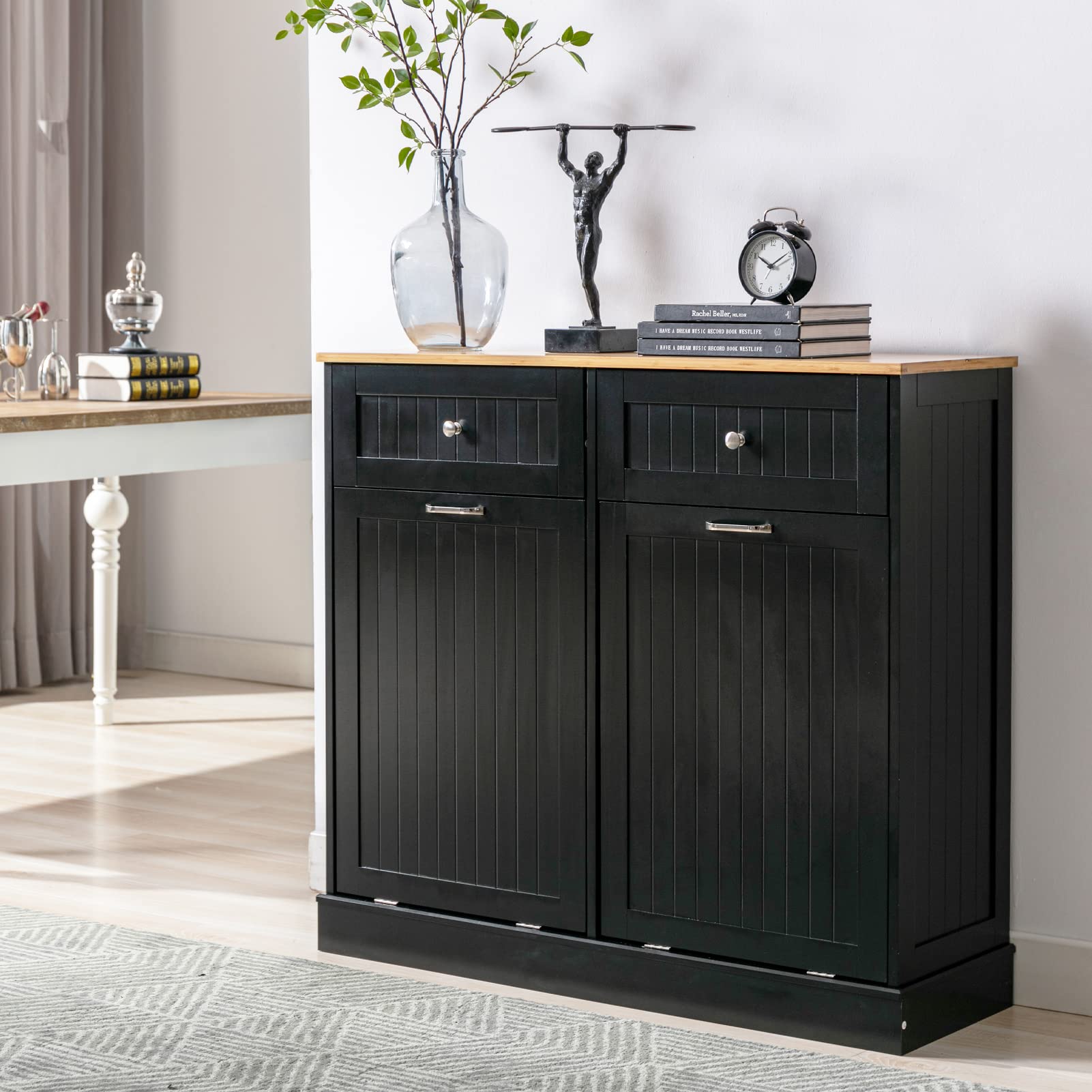 Gitua Freestanding Trash Cabinet with Tilt-Out Drawer - Pet Proof Kitchen Waste Bin & Laundry Hamper with Built-in Cutting Board - Wooden Recycling Station & Hideaway Trash Holder (2 Drawers, Black) - Perfect for Kitchens, Laundry Rooms & Small Spaces