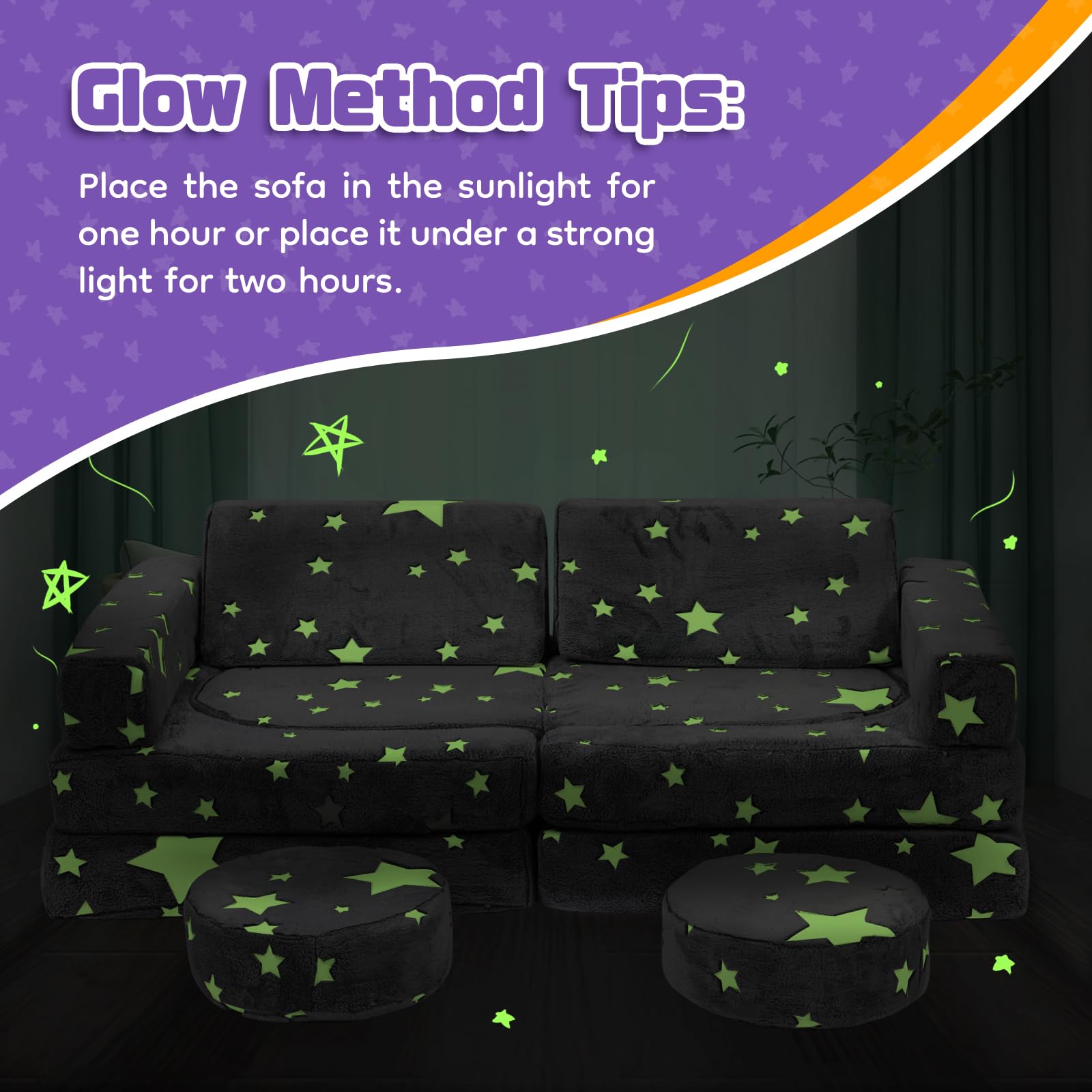 12-Piece Modular Kids Play Couch - Large Glow-in-the-Dark Sofa for Toddlers Boys & Girls - 12-in-1 Creative Play Furniture for Playroom, Bedroom & Indoor Activities - Perfect for Building Forts, Reading Nooks & Imaginative Play