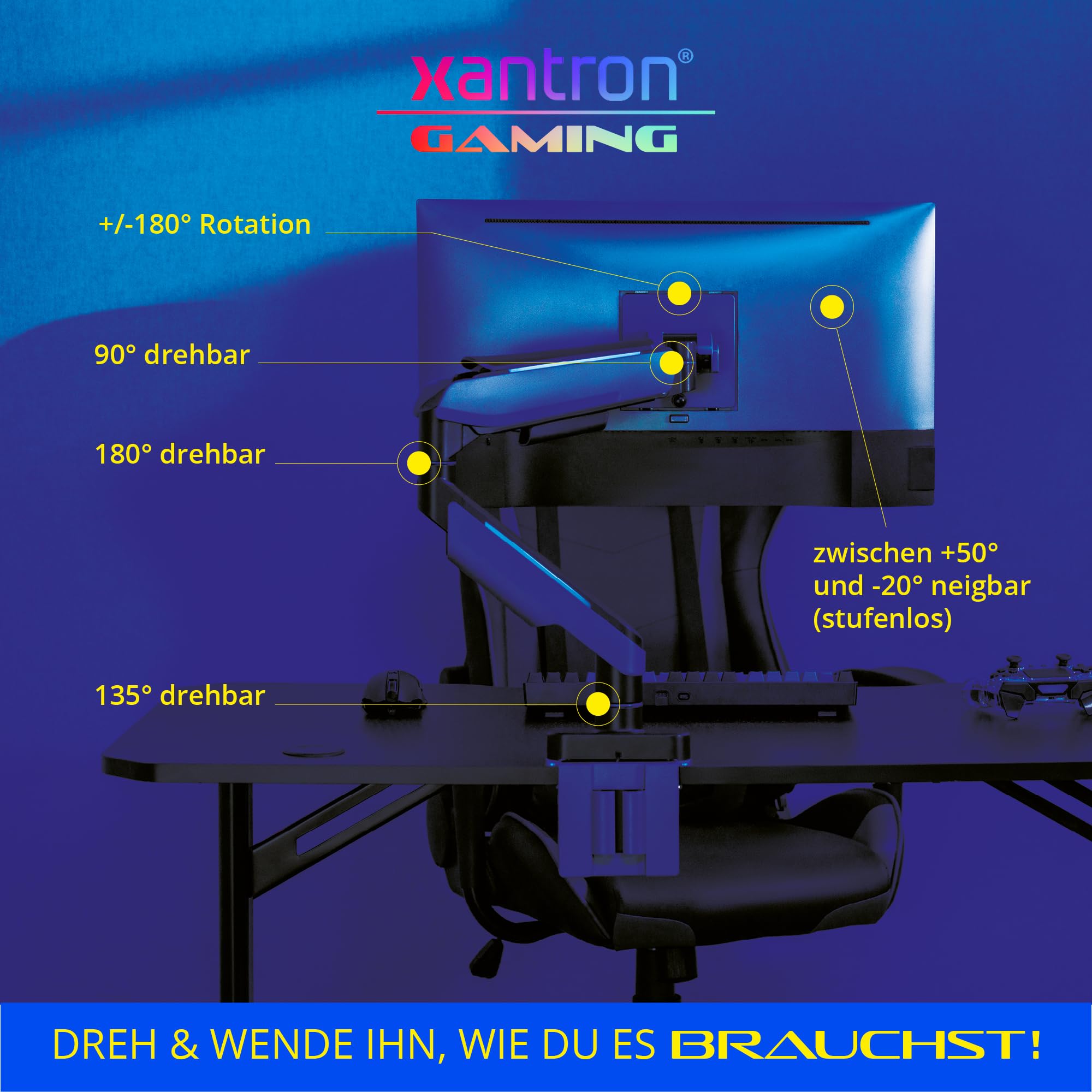 Xantron® RGB Gaming Monitor Arm - Heavy Duty 17-49 Inch Adjustable Stand for Curved & Flat Screens (Max 20kg) - Ergonomic Gas Spring Mount for PC, Workstation & Gaming Setup - Perfect for Home Office, Streaming & Esports