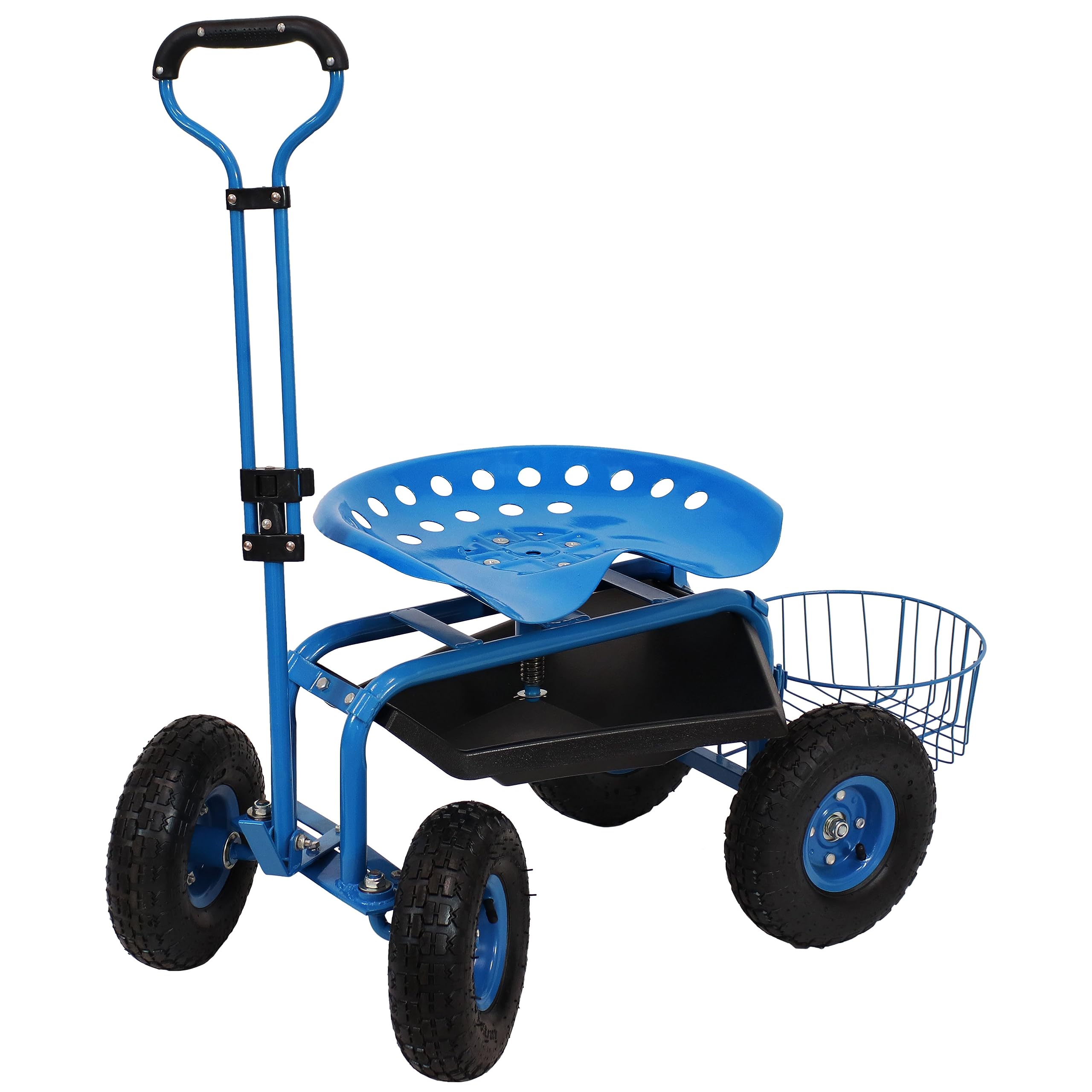 Sunnydaze Rolling Garden Stool with Wheels - Extendable Steer Handle, Swivel Seat & Utility Tool Tray - Blue Outdoor Gardening Seat for Planting, Weeding & Yard Work